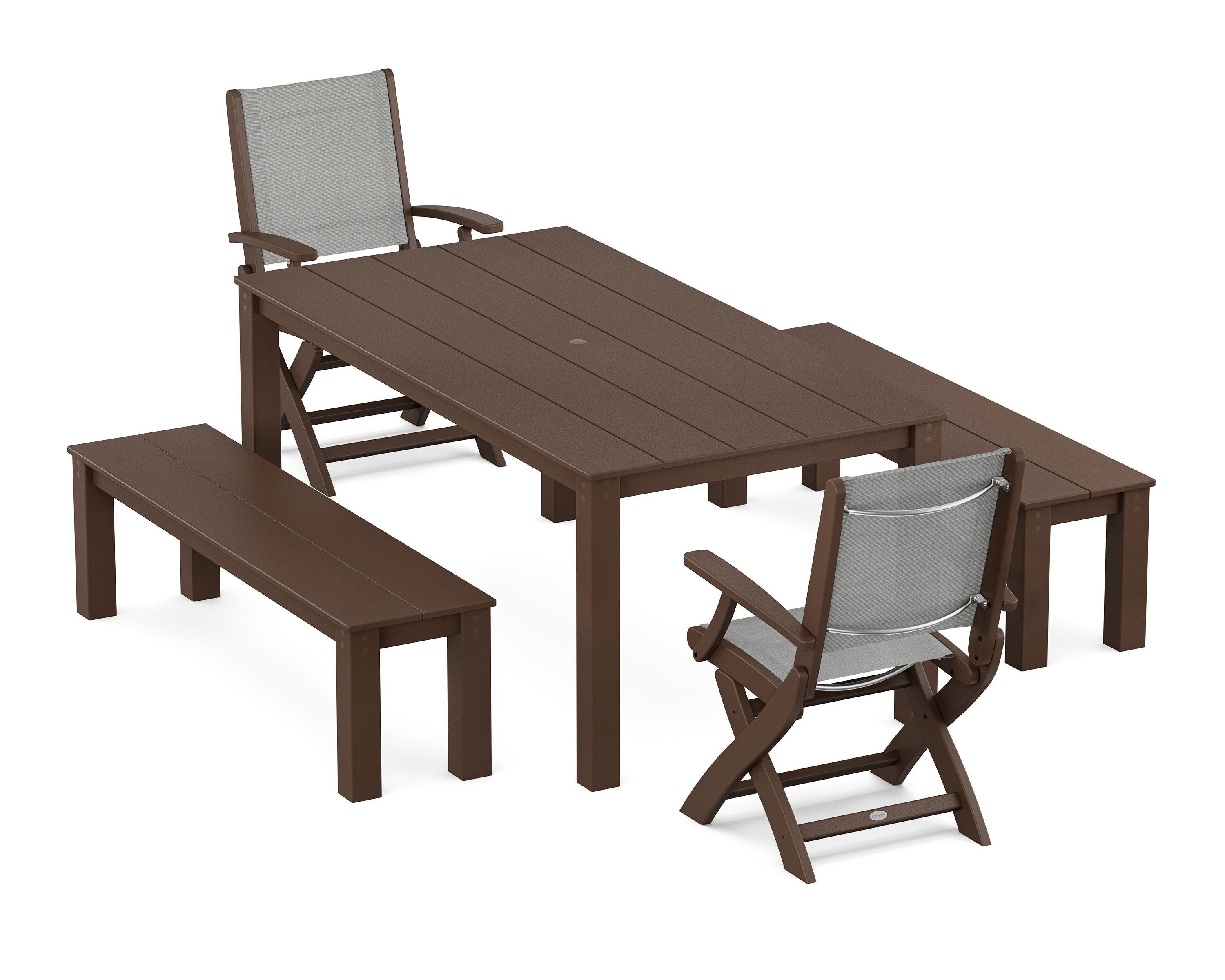 POLYWOOD® Coastal Folding Chair 5-Piece Parsons Dining Set with Benches in Mahogany / Metallic Sling