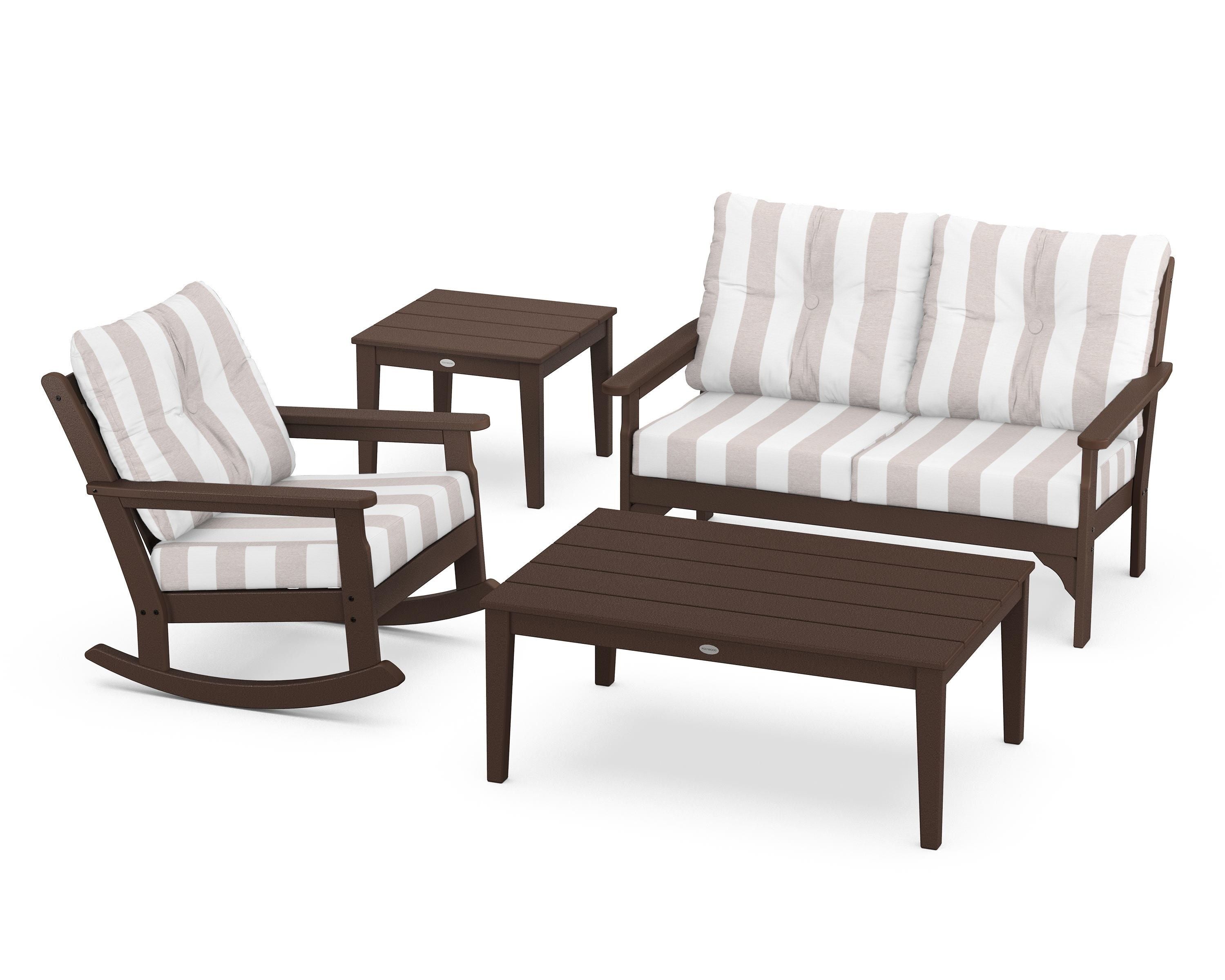 POLYWOOD® Vineyard 4-Piece Deep Seating Rocker Set in Mahogany / Cabana Stripe Dune Burlap