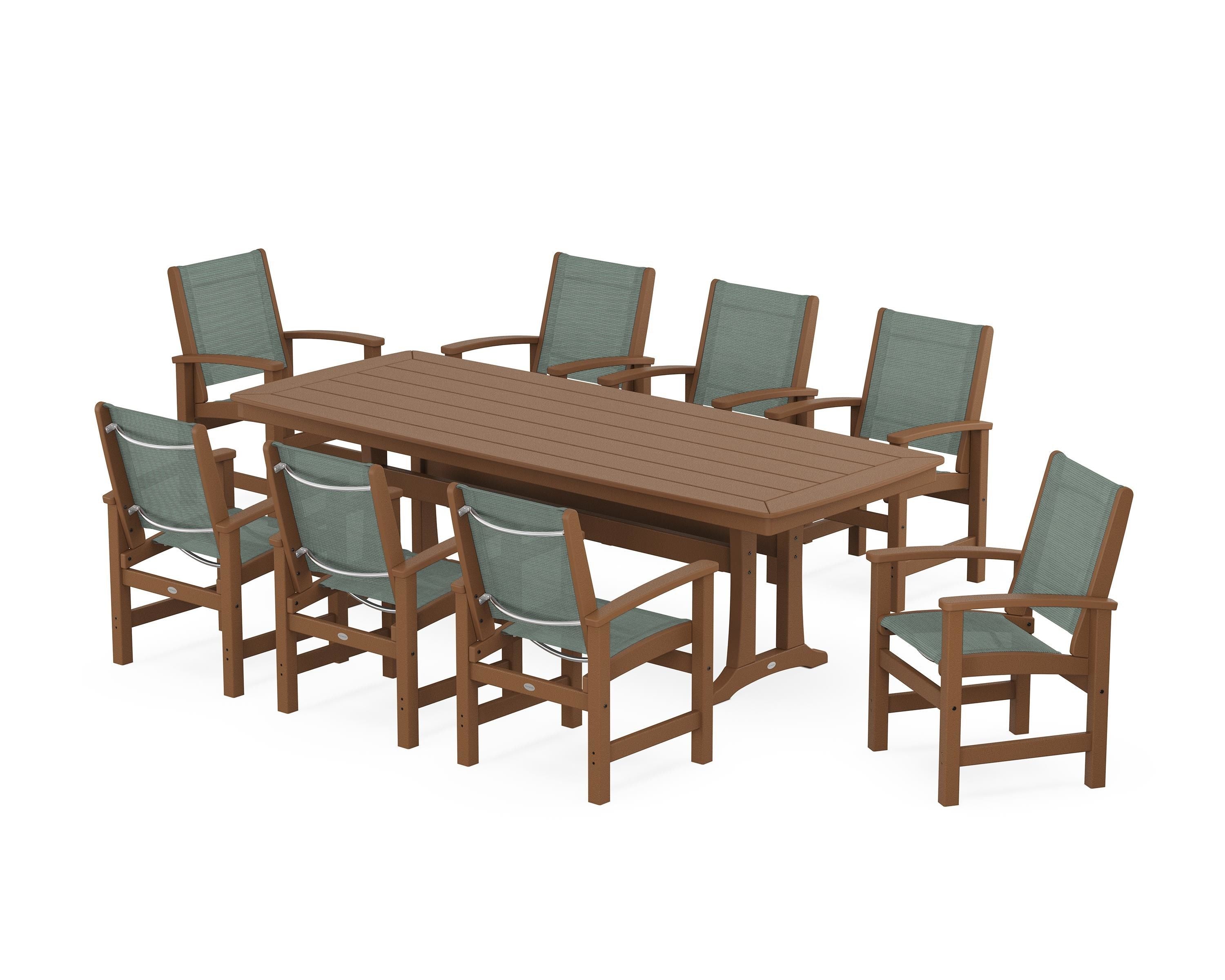 POLYWOOD® Coastal 9-Piece Dining Set with Trestle Legs in Teak / Dupioni Sea Mist Sling