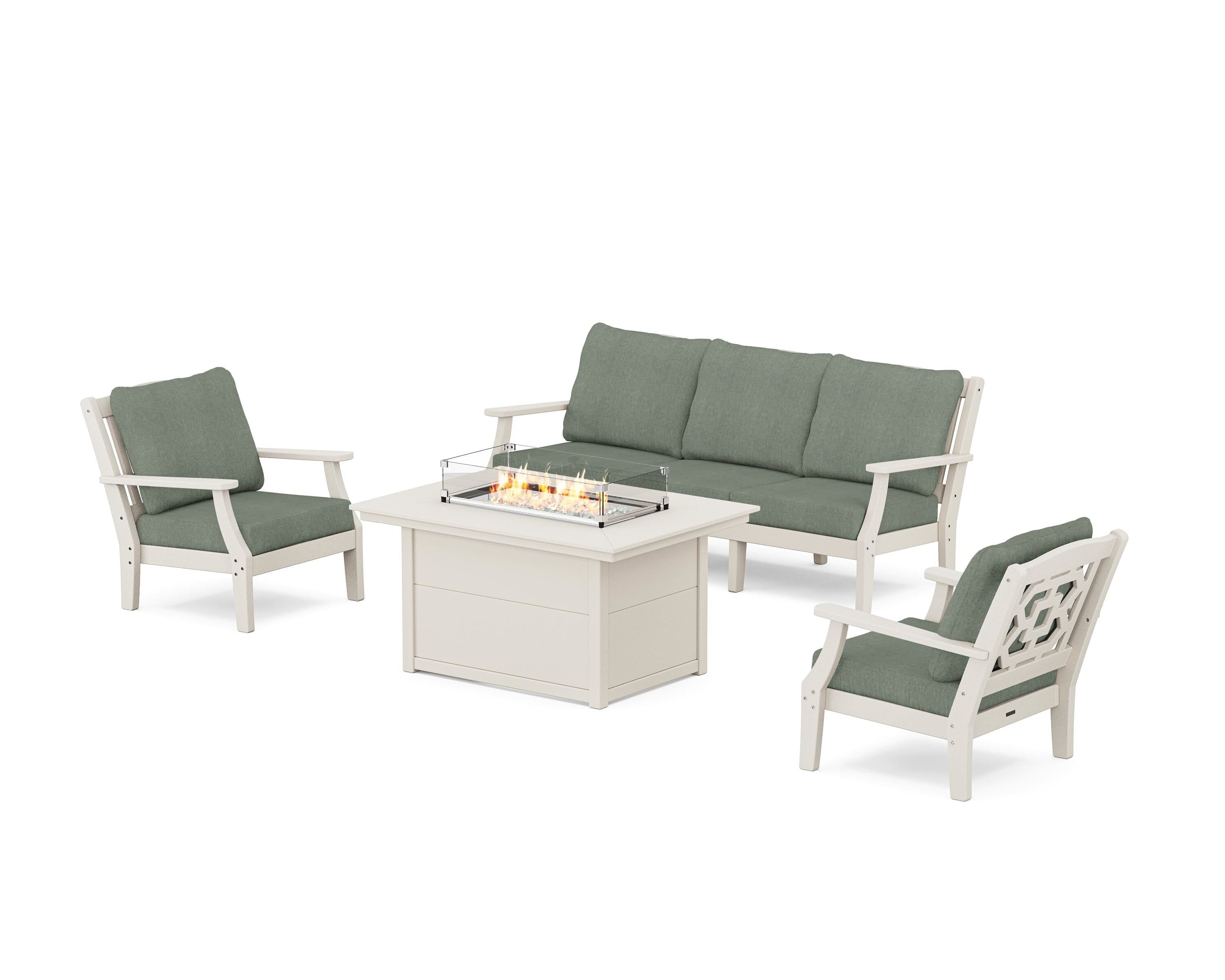 Martha Stewart by POLYWOOD® Chinoiserie Deep Seating Fire Pit Table Set in Sand / Cast Sage