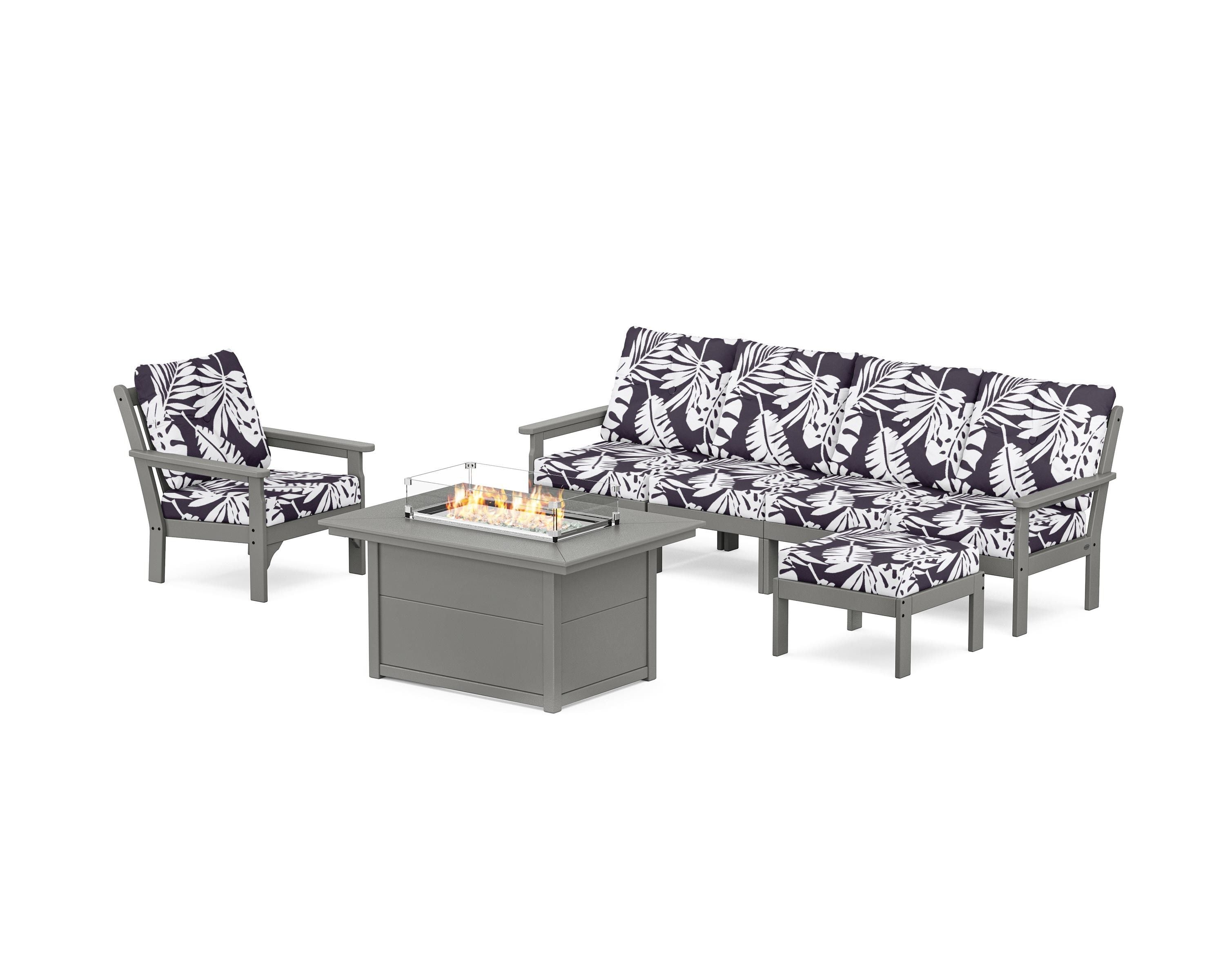 POLYWOOD® Vineyard Sectional Lounge and Fire Pit Set in Slate Grey / Leaf Navy