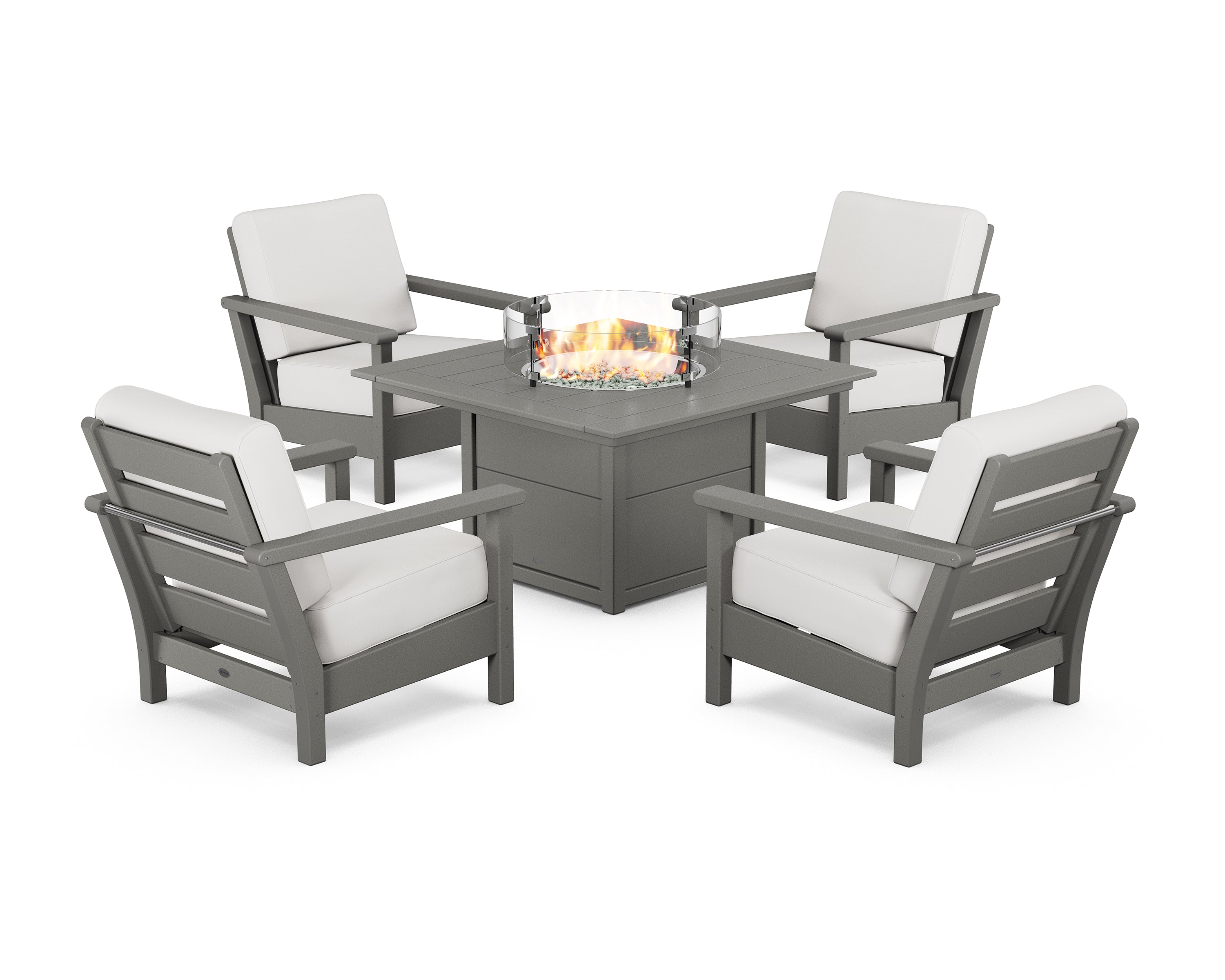 POLYWOOD® Harbour 5-Piece Conversation Set with Fire Pit Table in Slate Grey / Natural Linen