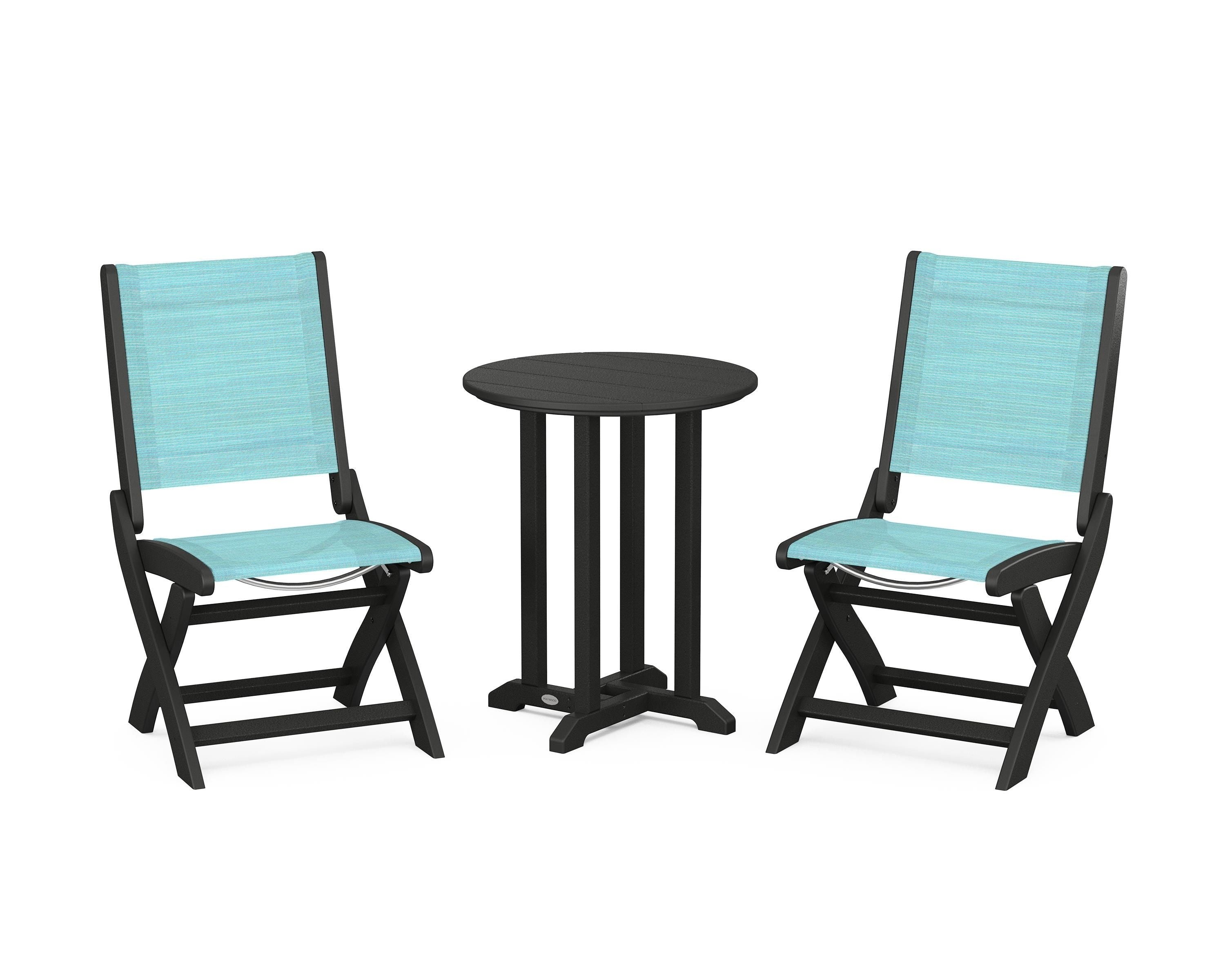 POLYWOOD® Coastal Folding Side Chair 3-Piece Round Bistro Dining Set in Black / Dupioni Aquamarine Sling