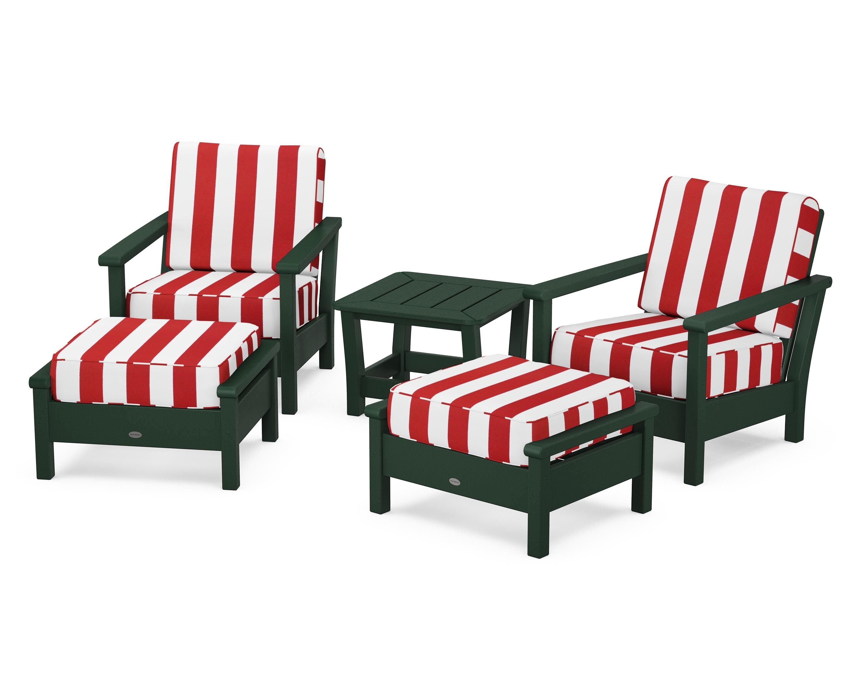 POLYWOOD® Harbour 5-Piece Deep Seating Chair Set in Green / Cabana Stripe Crimson