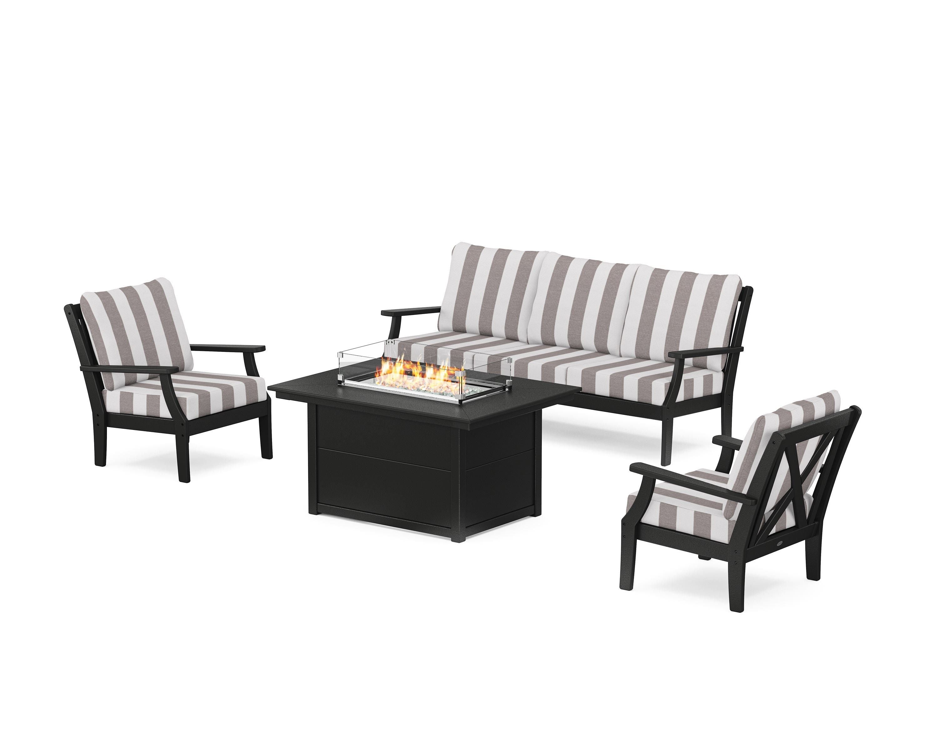 POLYWOOD® Braxton Deep Seating Fire Pit Table Set in Black / Cabana Stripe Grey Mist