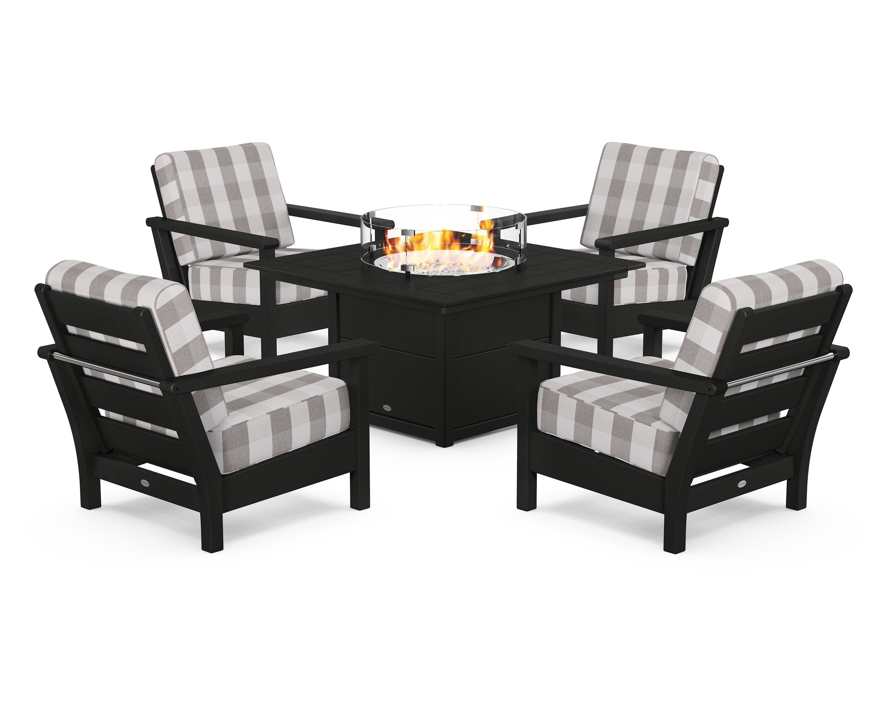 POLYWOOD® Harbour 5-Piece Conversation Set with Fire Pit Table in Black / Buffalo Plaid Grey Mist