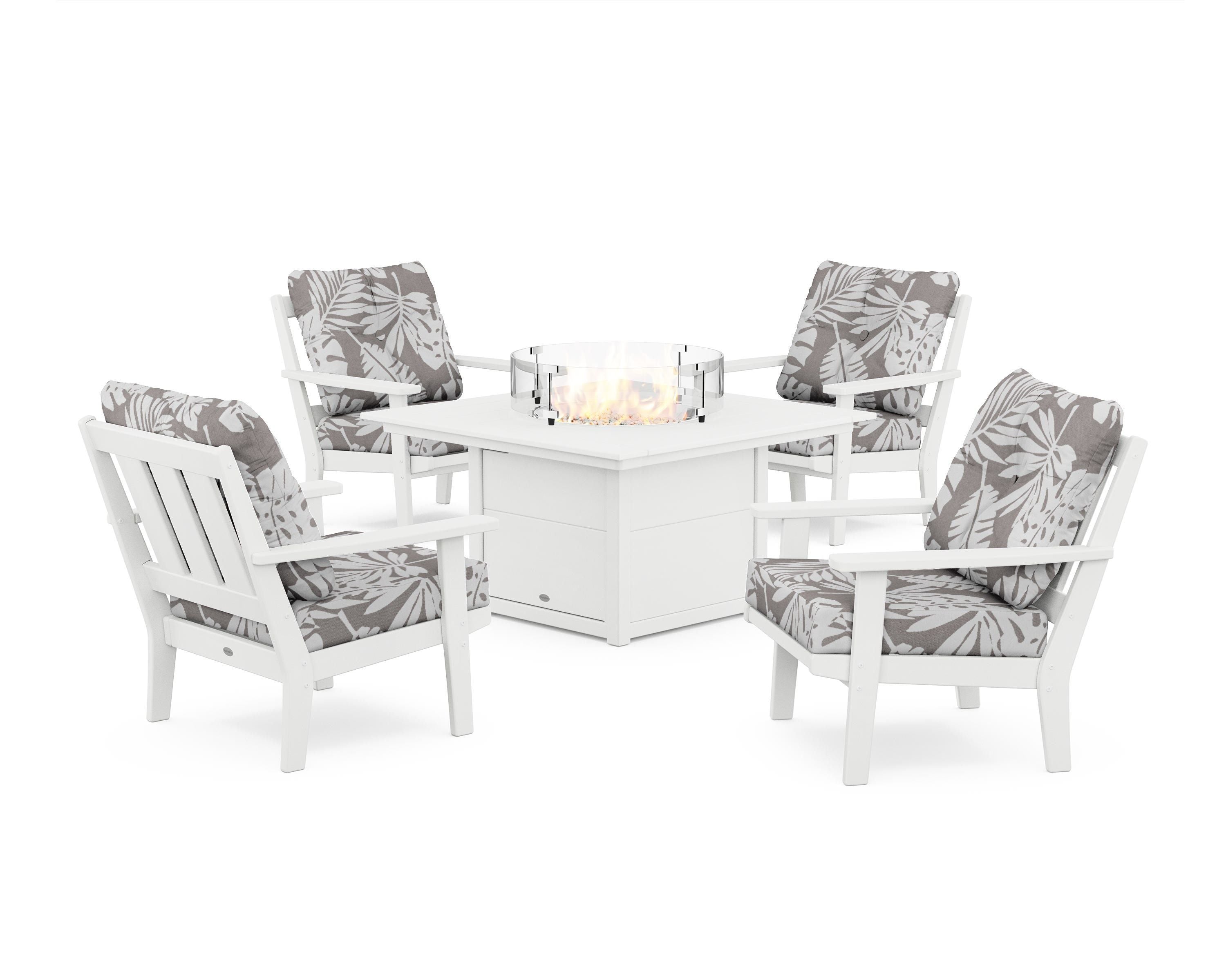 POLYWOOD® Oxford 5-Piece Deep Seating Set with Fire Pit Table in White / Leaf Grey Mist