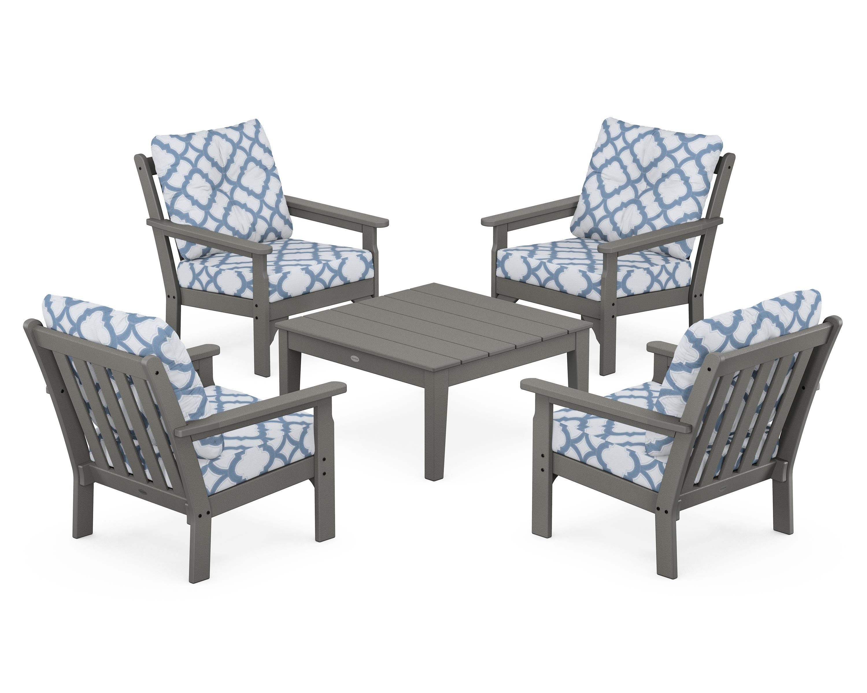 POLYWOOD® Vineyard 5-Piece Deep Seating Conversation Set in Slate Grey / Trellis Sky Blue