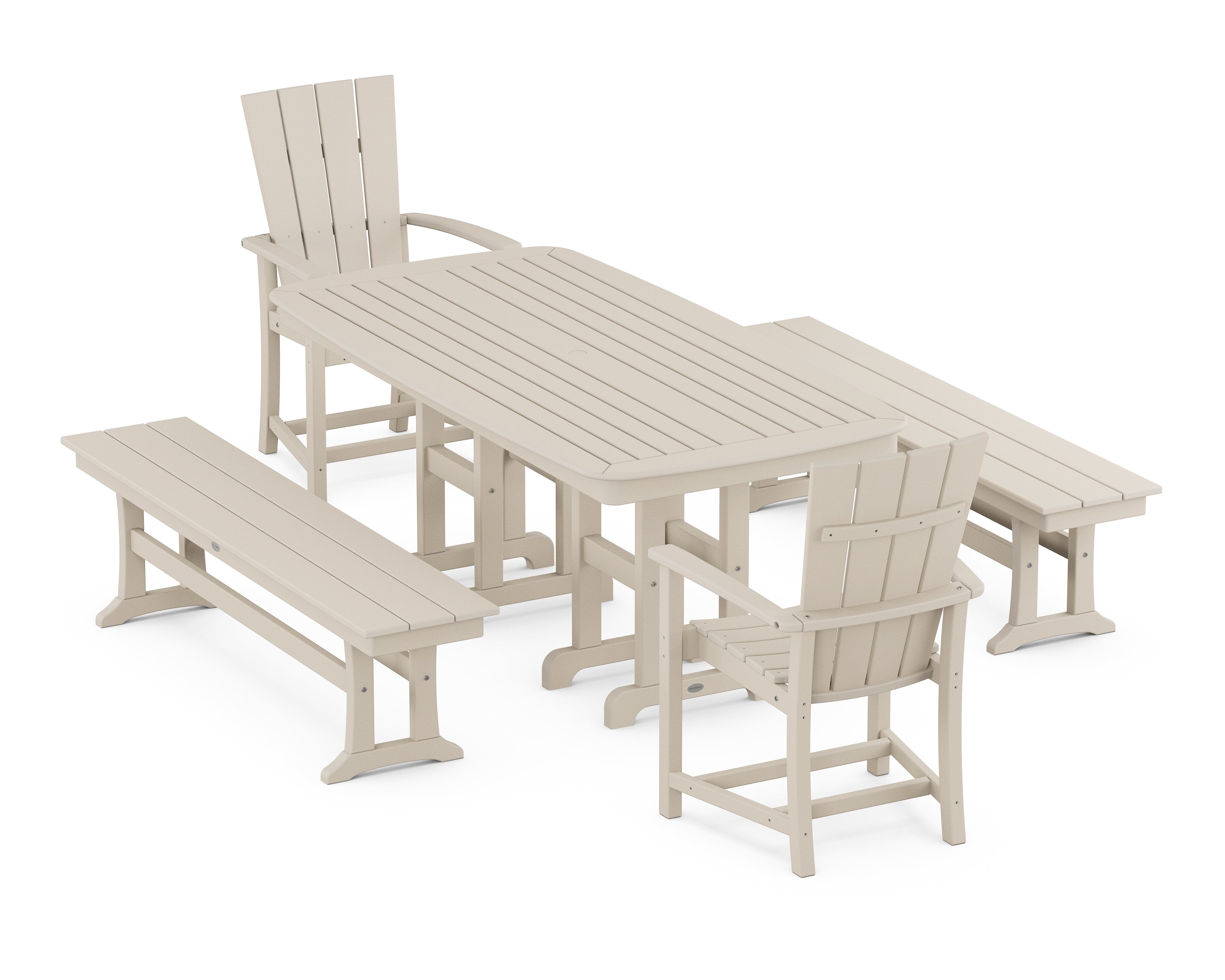 POLYWOOD® Quattro 5-Piece Farmhouse Dining Set with Benches in Sand