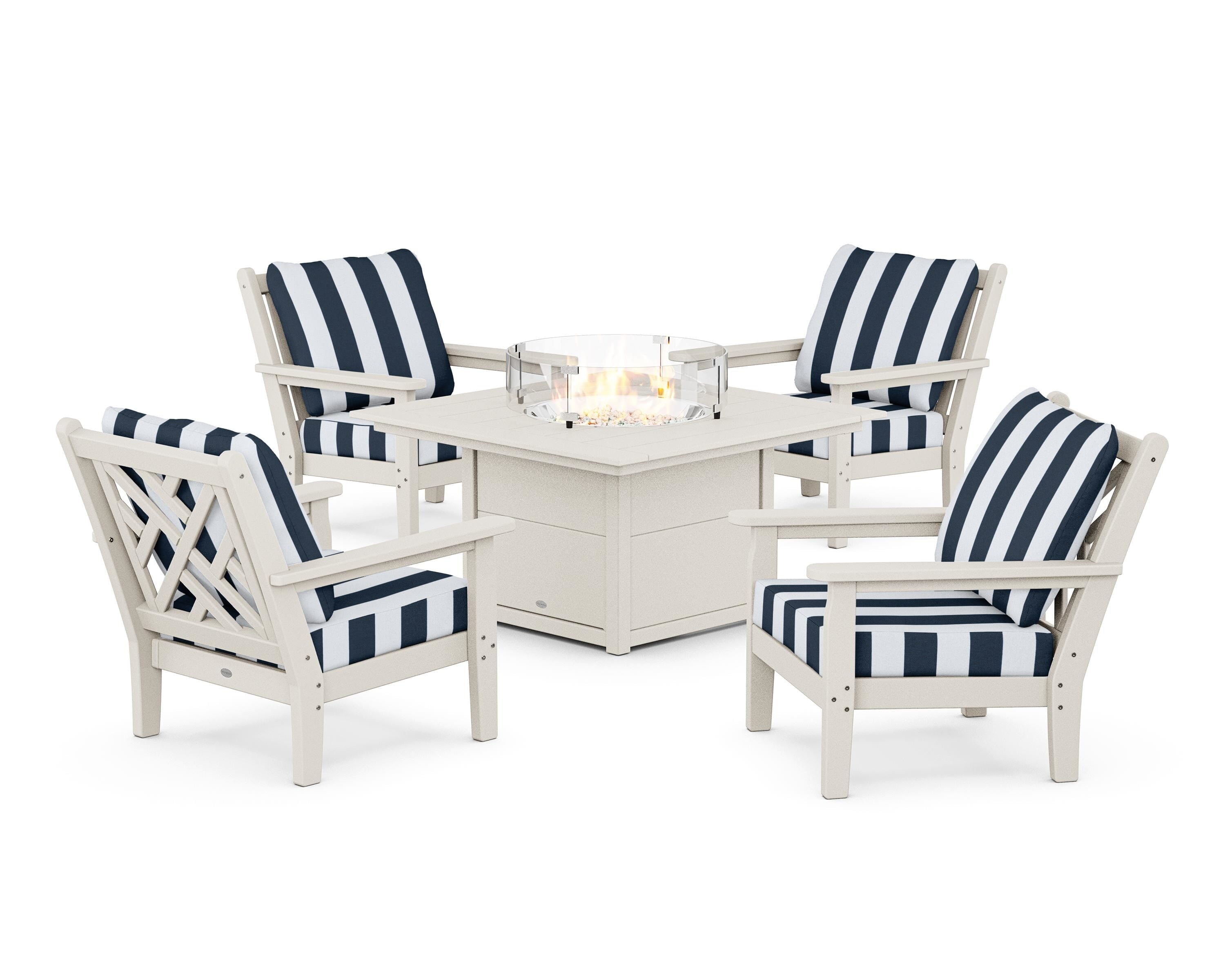 POLYWOOD® Chippendale 5-Piece Deep Seating Set with Fire Pit Table in Sand / Cabana Stripe Marine Indigo