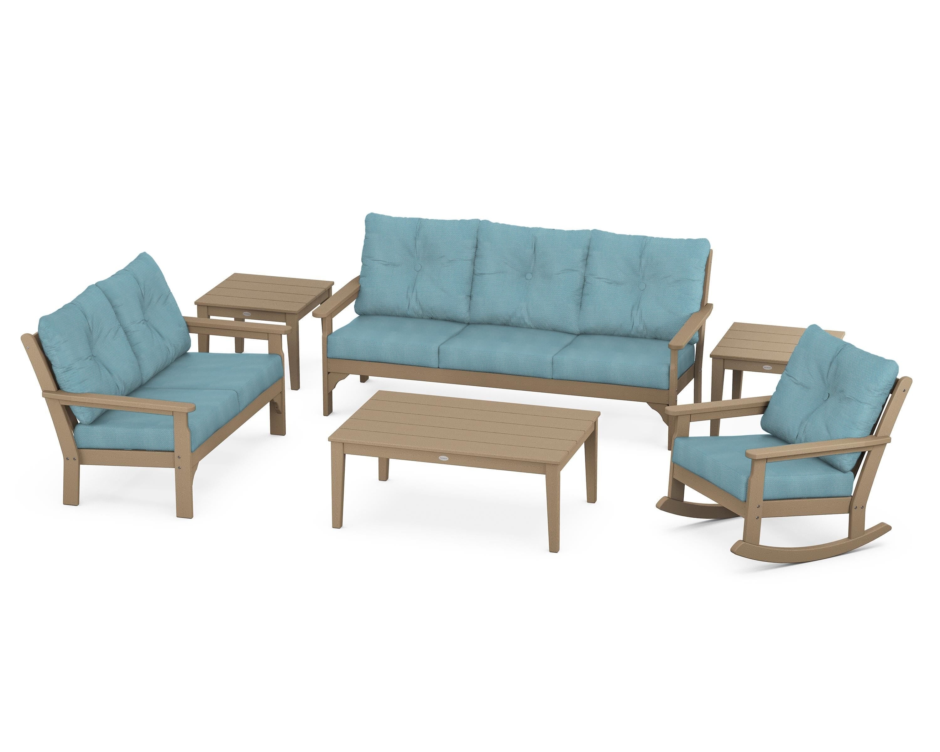 POLYWOOD® Vineyard 6-Piece Deep Seating Set in Vintage Sahara / Lattice Sky Blue