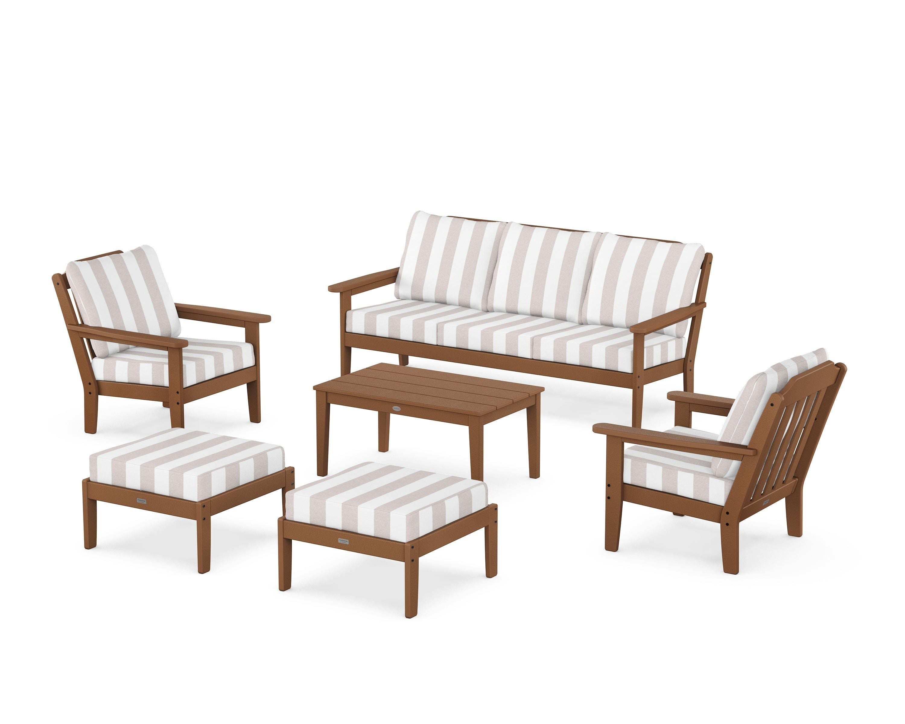 Country Living Cottage 6-Piece Lounge Sofa Set in Teak / Cabana Stripe Dune Burlap
