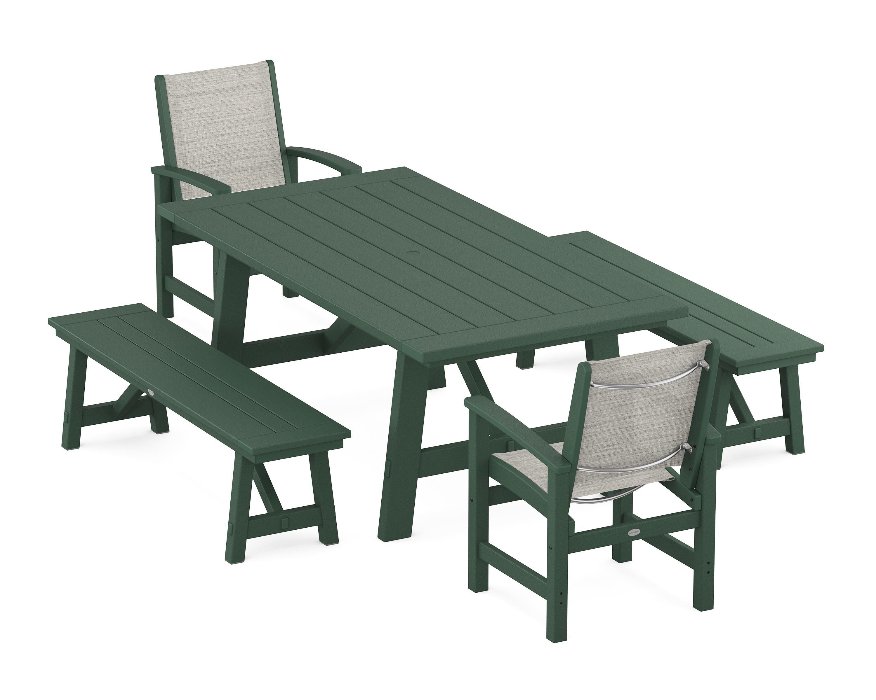 POLYWOOD® Coastal 5-Piece Rustic Farmhouse Dining Set With Benches in Green / Birch Sling