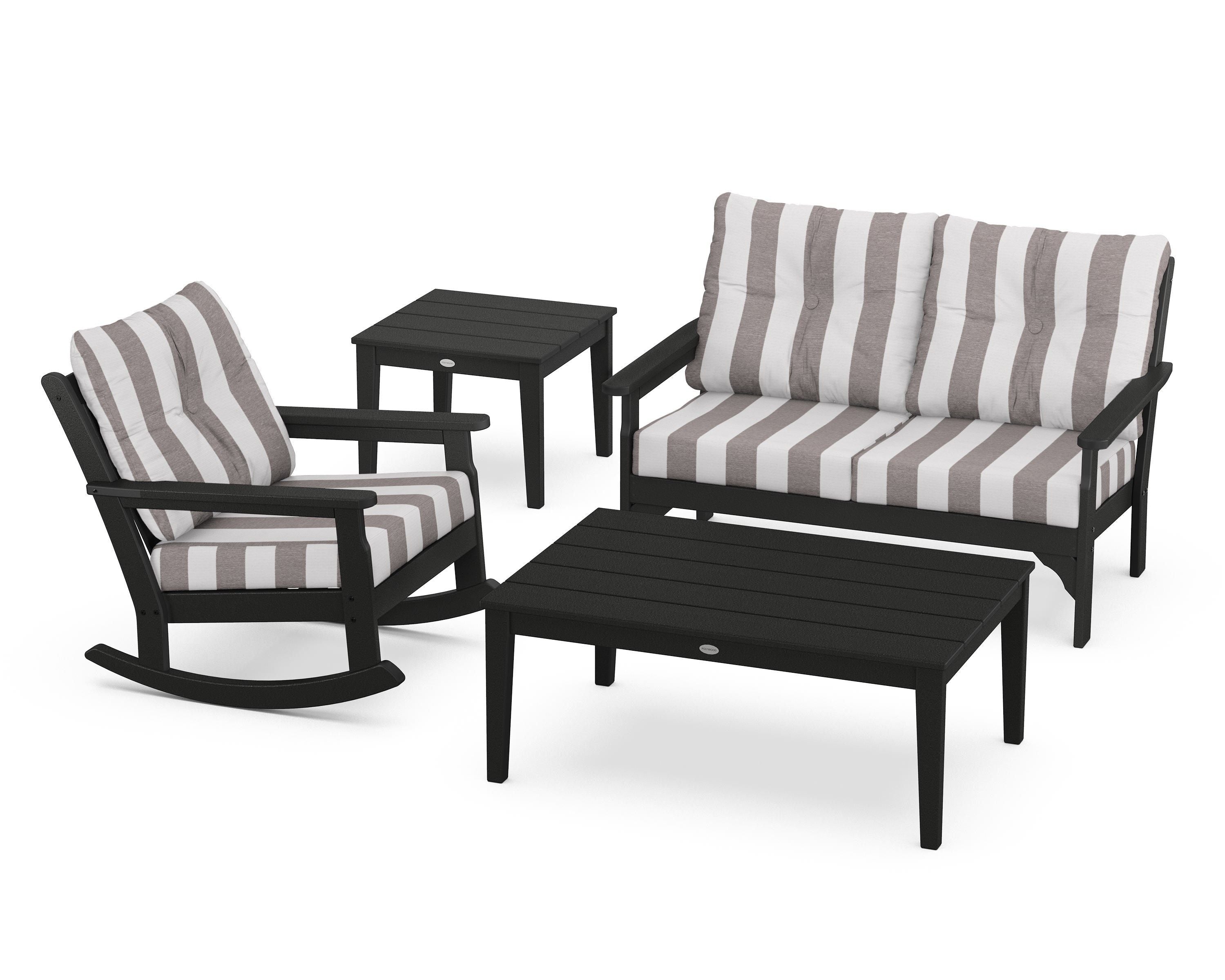 POLYWOOD® Vineyard 4-Piece Deep Seating Rocker Set in Black / Cabana Stripe Grey Mist
