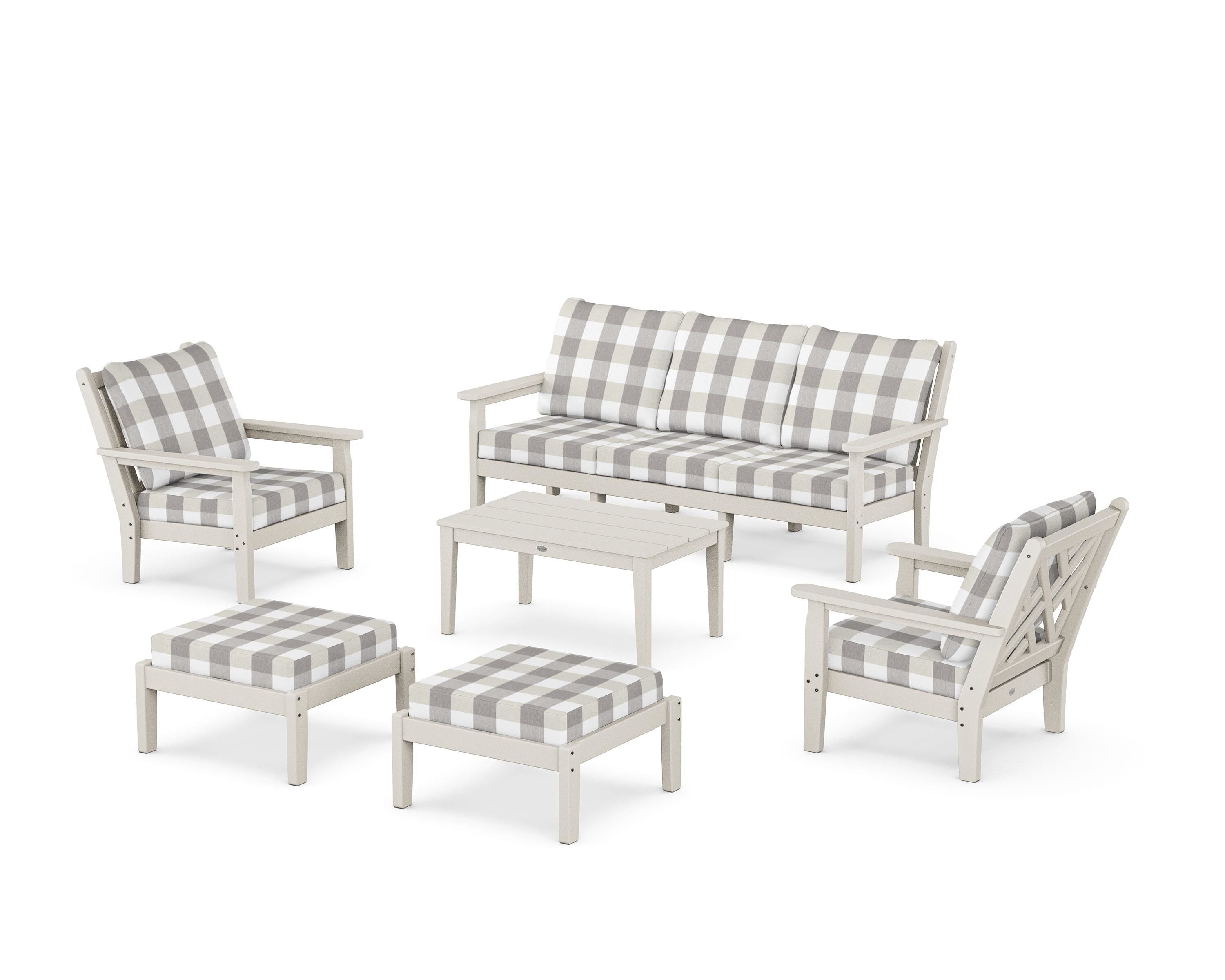 POLYWOOD® Chippendale 6-Piece Lounge Sofa Set in Sand / Buffalo Plaid Grey Mist