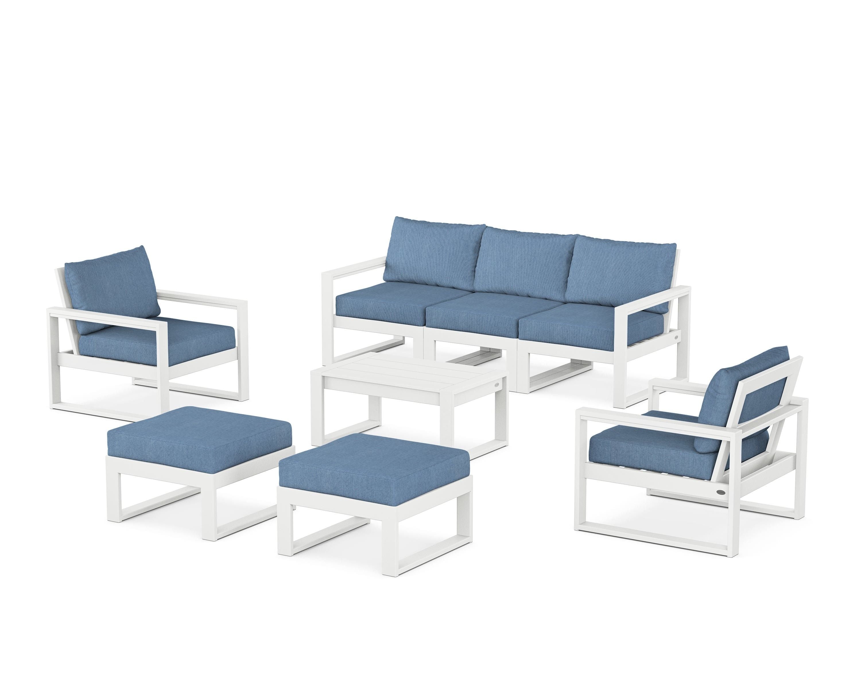 POLYWOOD® EDGE Sectional 8-Piece Lounge Sofa Set in White / Sky Blue