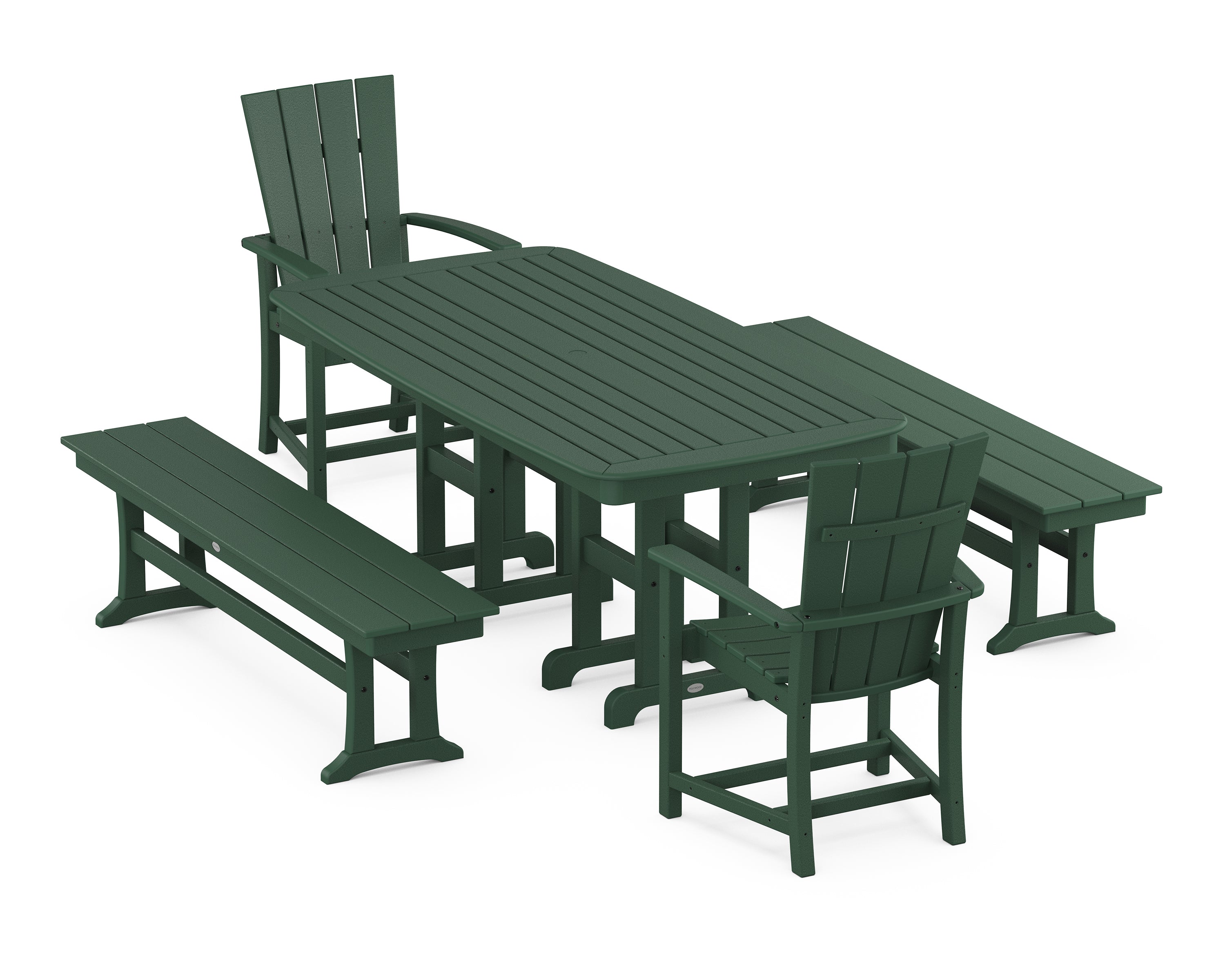 POLYWOOD® Quattro 5-Piece Farmhouse Dining Set with Benches in Green