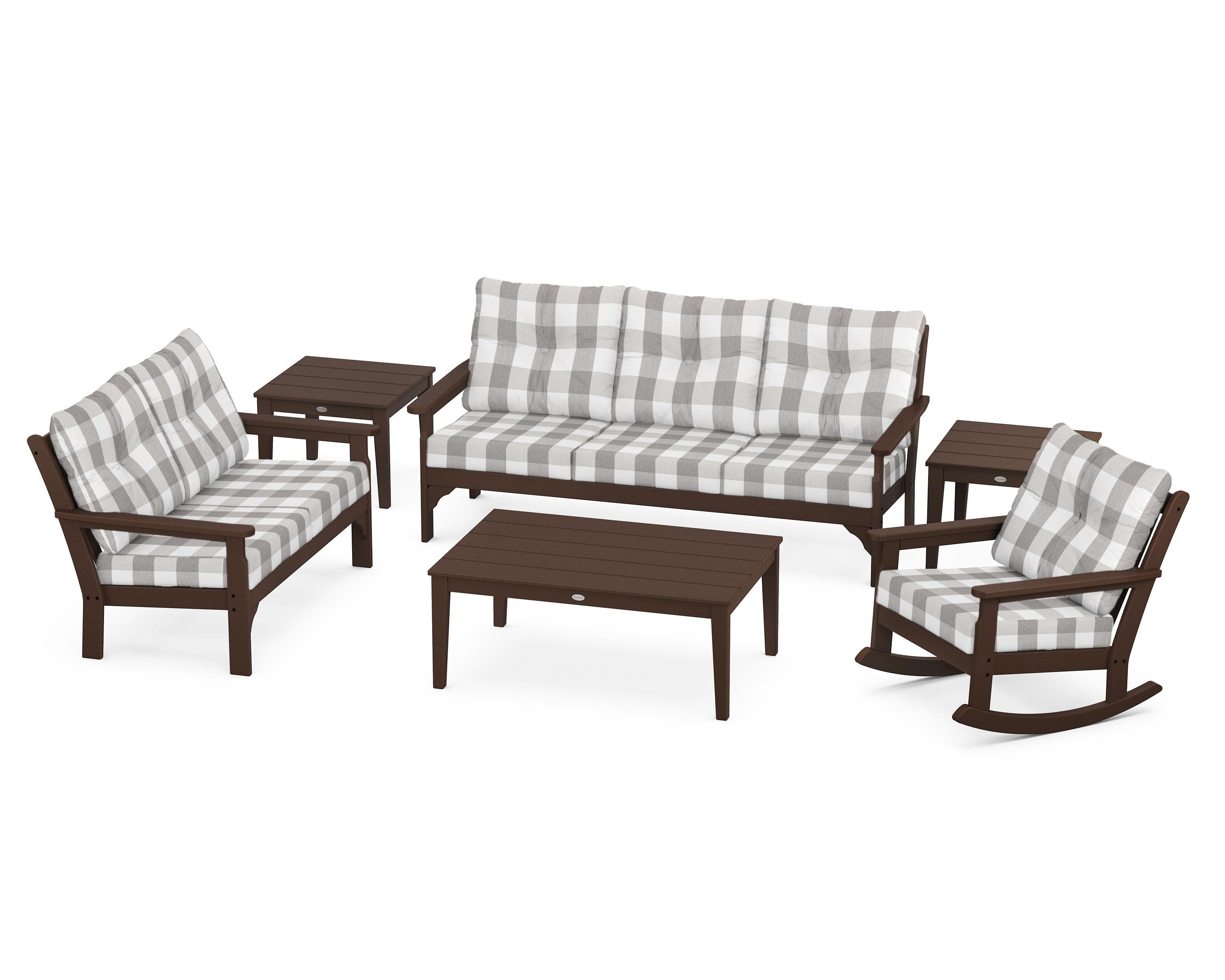 POLYWOOD® Vineyard 6-Piece Deep Seating Set in Mahogany / Buffalo Plaid Grey Mist