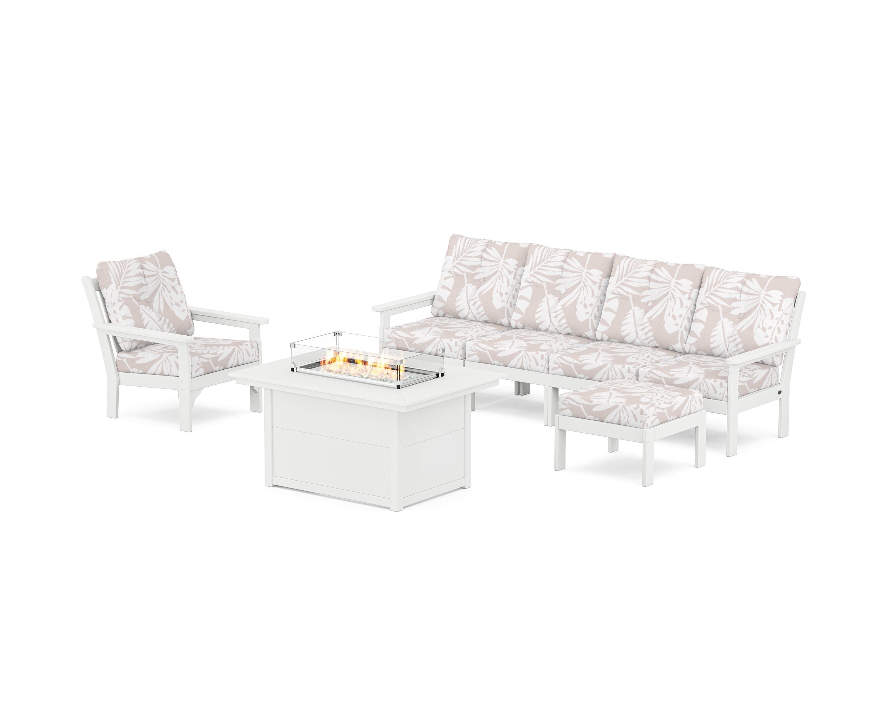 POLYWOOD® Vineyard Sectional Lounge and Fire Pit Set in White / Leaf Dune Burlap