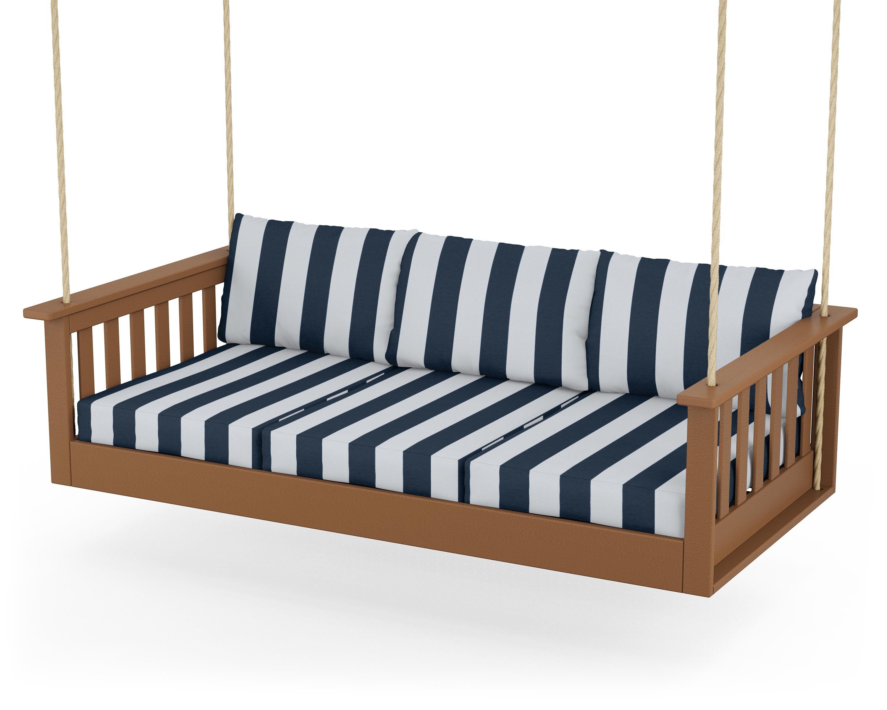 POLYWOOD® Vineyard Daybed Swing in Teak / Cabana Stripe Marine Indigo