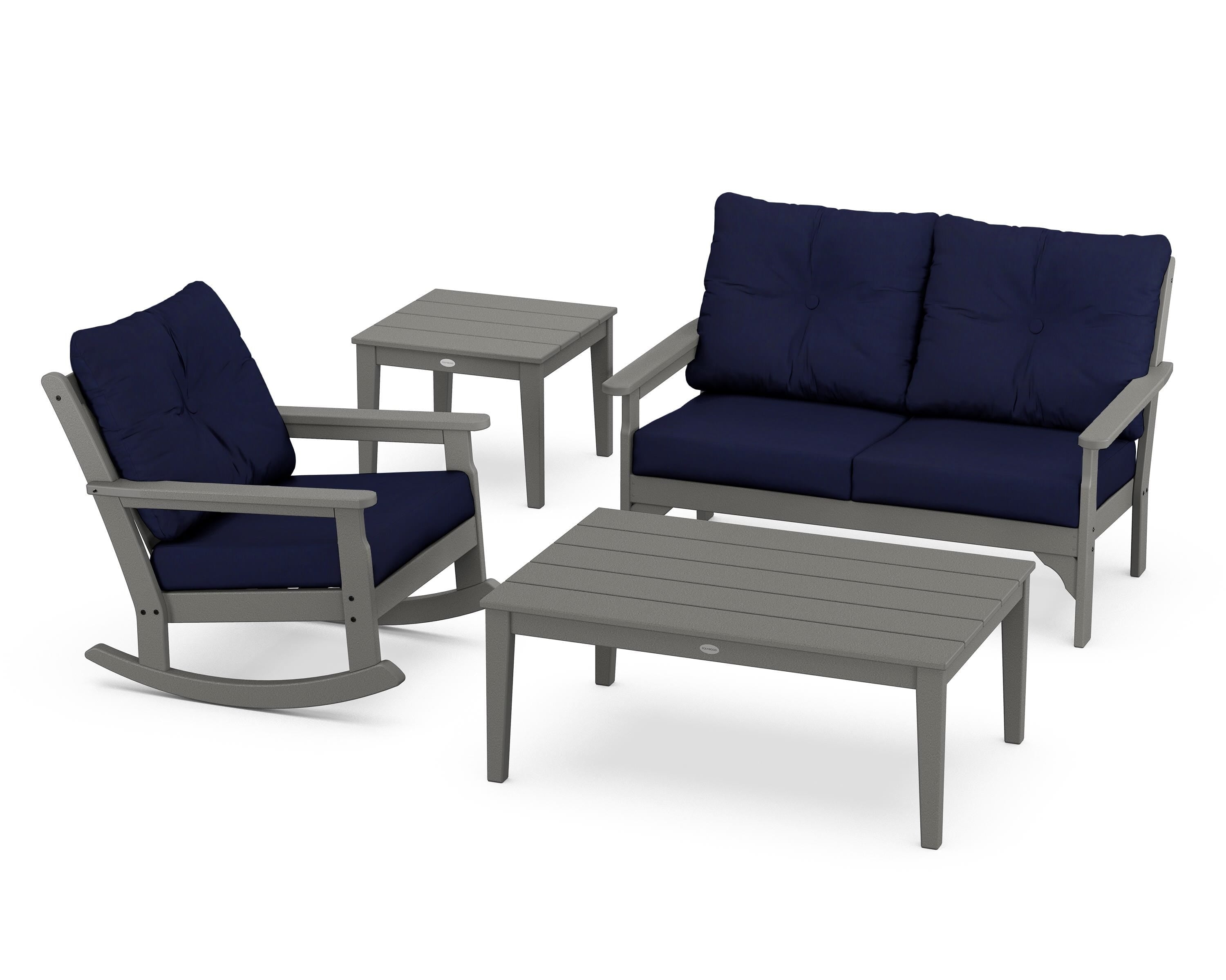 POLYWOOD® Vineyard 4-Piece Deep Seating Rocker Set in Slate Grey / Navy