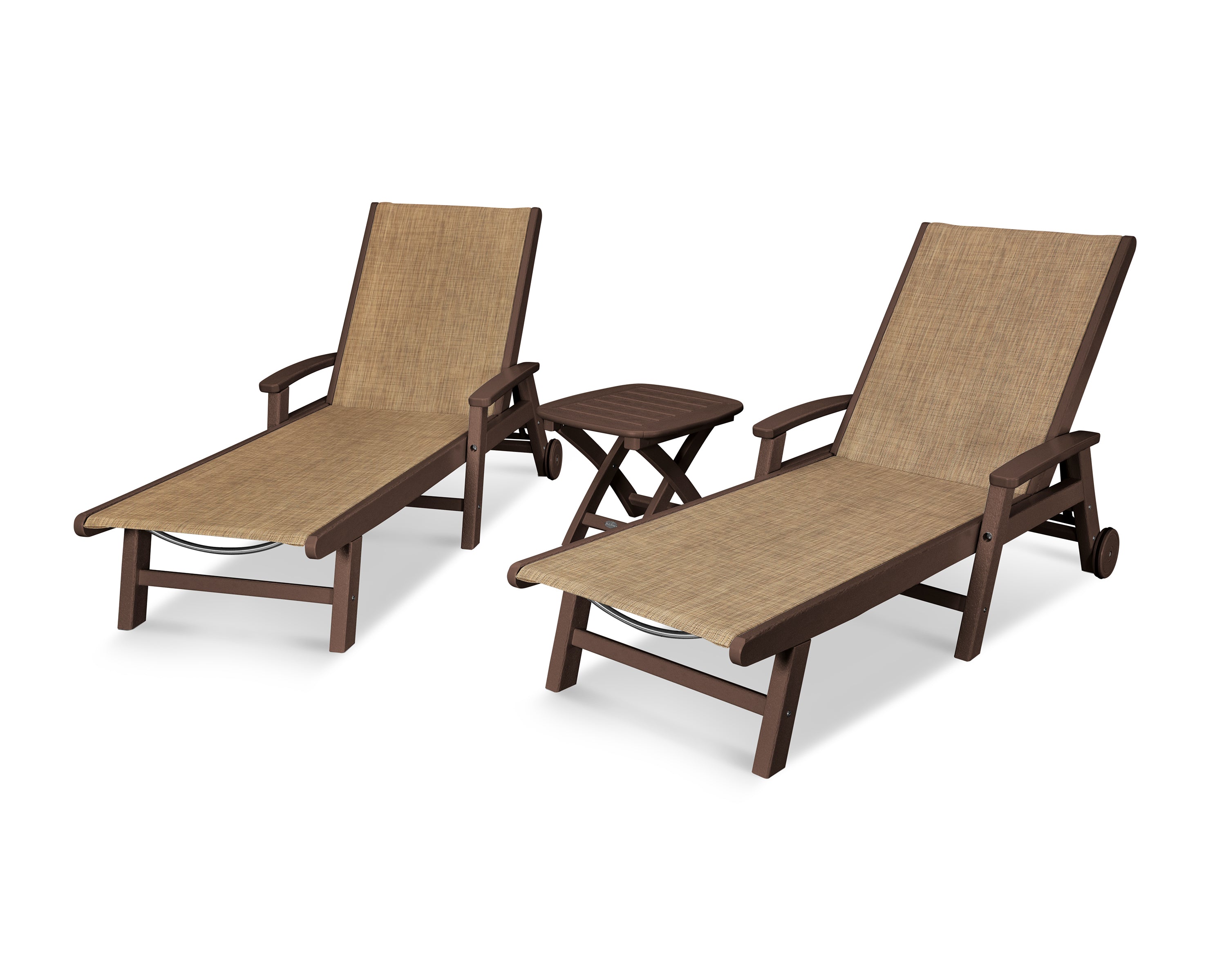 POLYWOOD® Coastal 3-Piece Wheeled Chaise Set in Mahogany / Burlap Sling