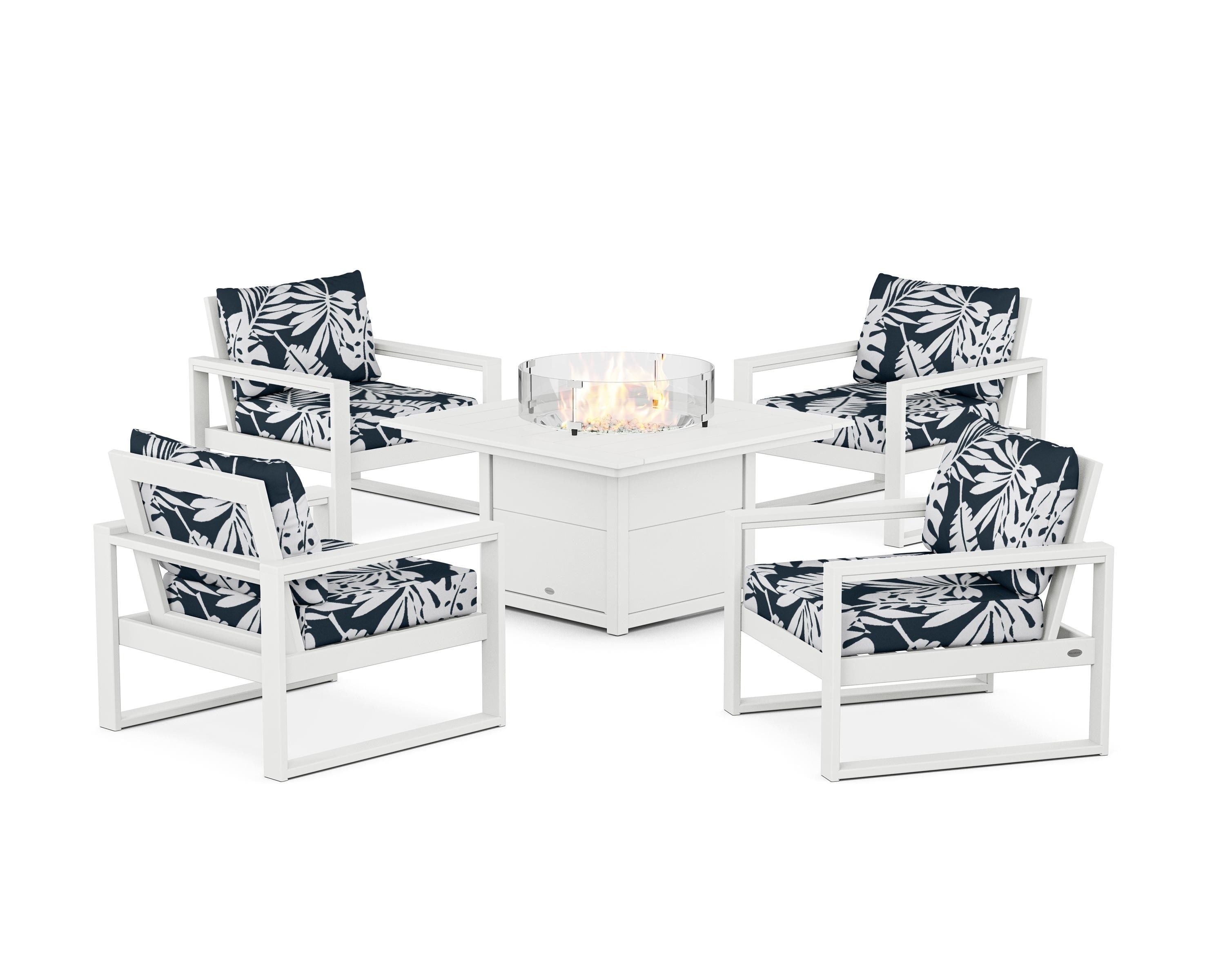 POLYWOOD® EDGE Sectional 5-Piece Deep Seating Set with Fire Pit Table in White / Leaf Marine Indigo