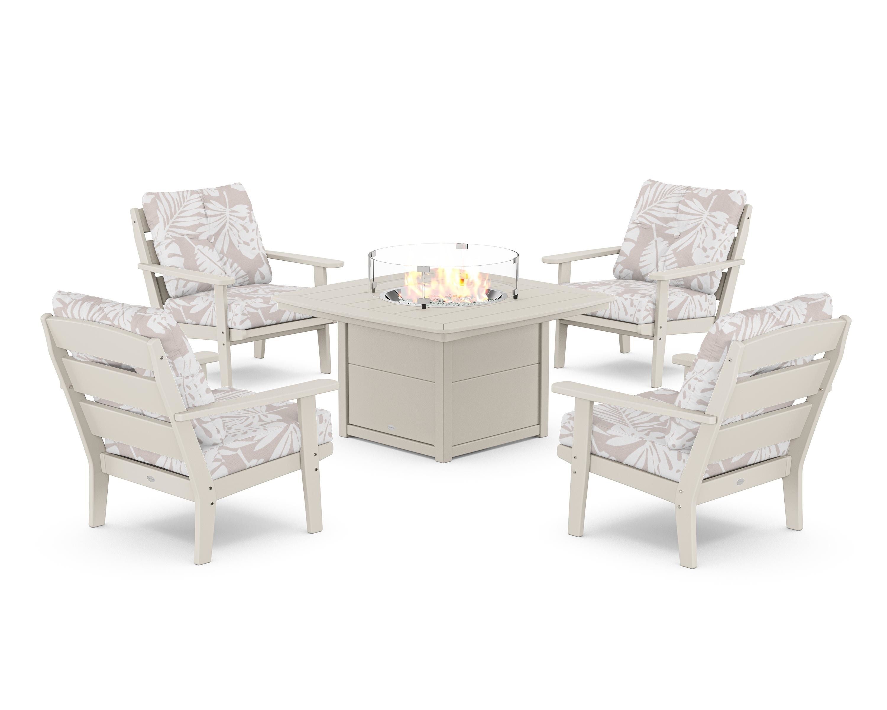 POLYWOOD® Lakeside 5-Piece Deep Seating Set with Nautical Fire Pit Table in Sand / Leaf Dune Burlap
