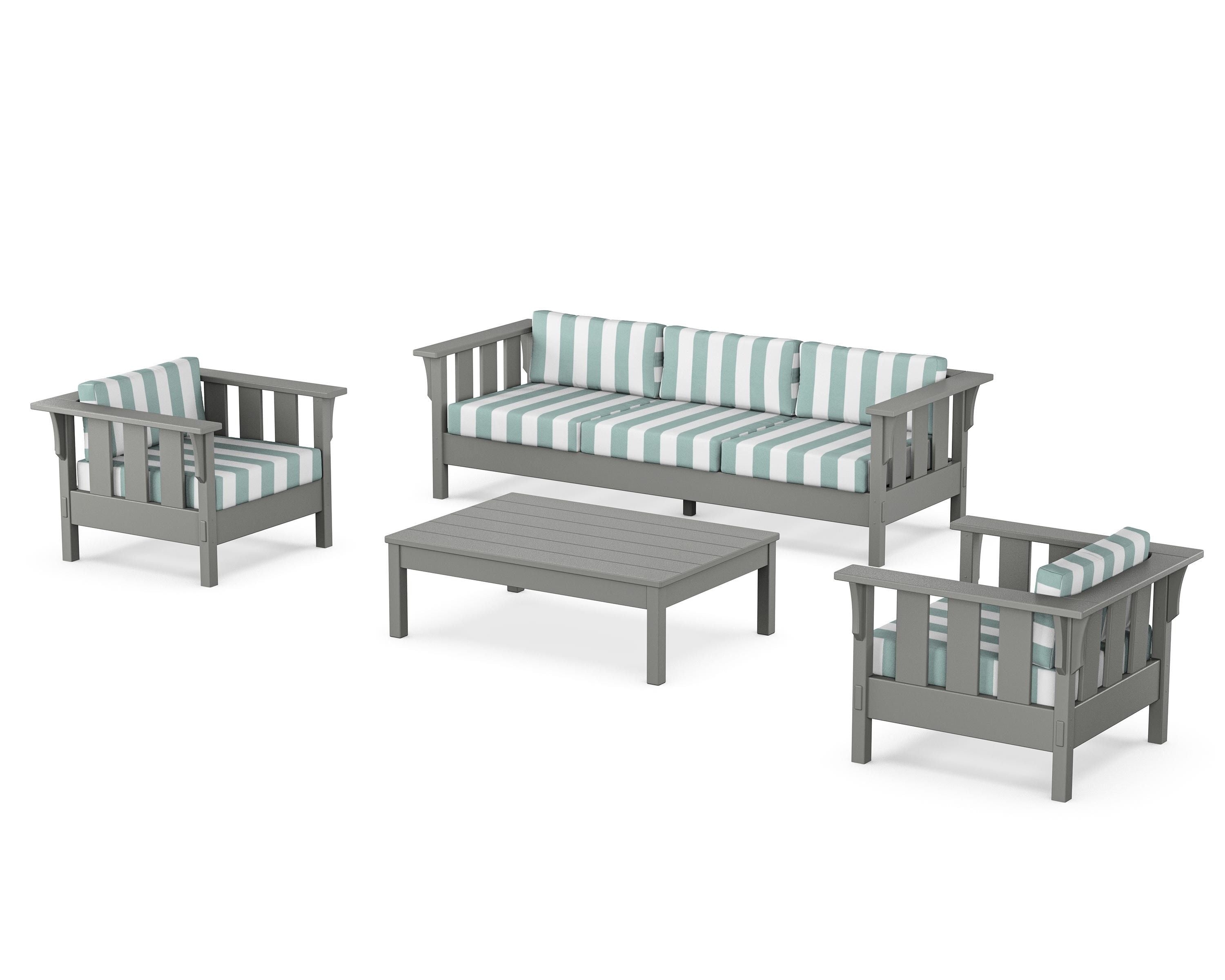 Martha Stewart by POLYWOOD® Acadia 4-Piece Deep Seating Set with Sofa in Slate Grey / Cabana Stripe Glacier Spa