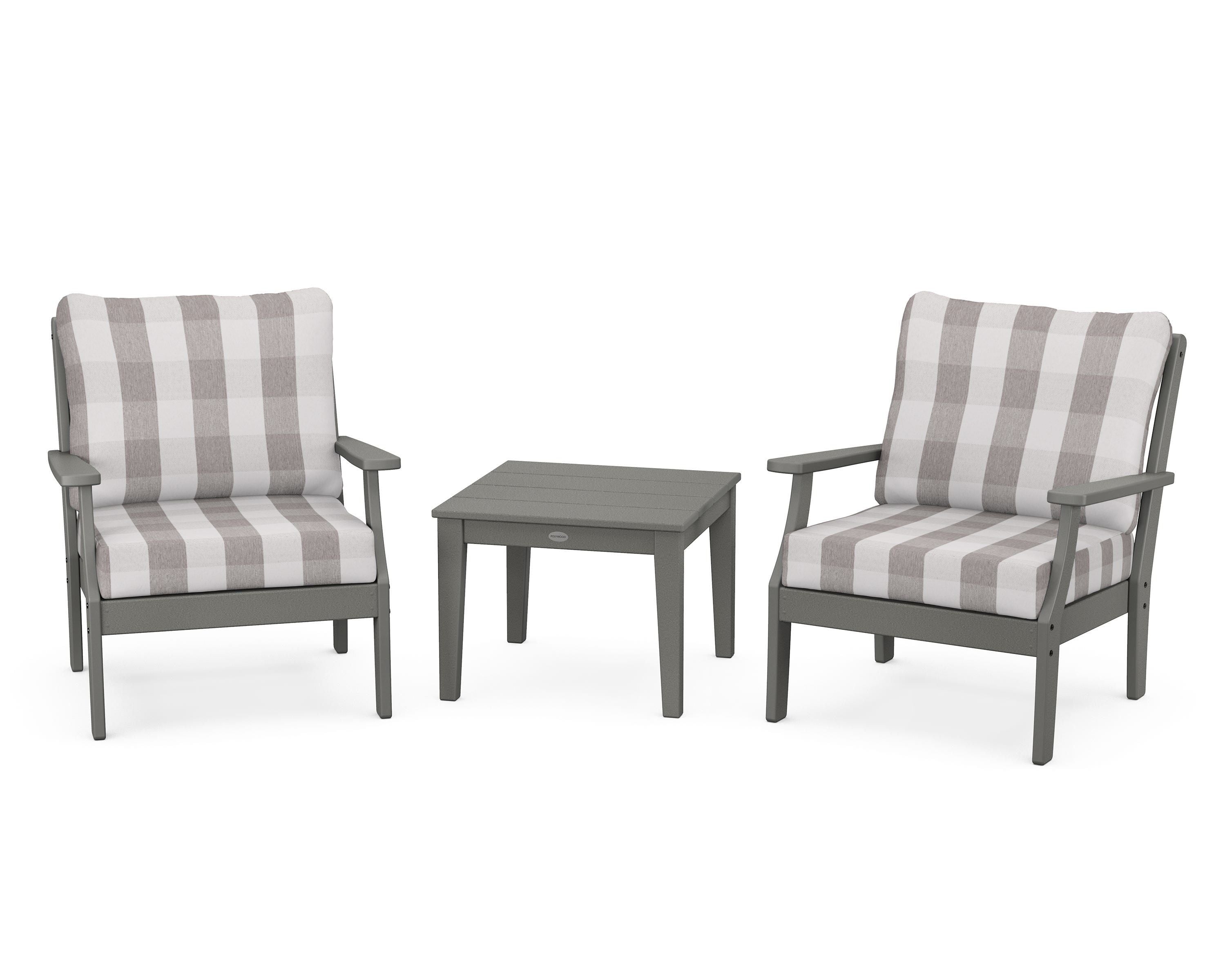 POLYWOOD® Braxton 3-Piece Deep Seating Set in Slate Grey / Buffalo Plaid Grey Mist