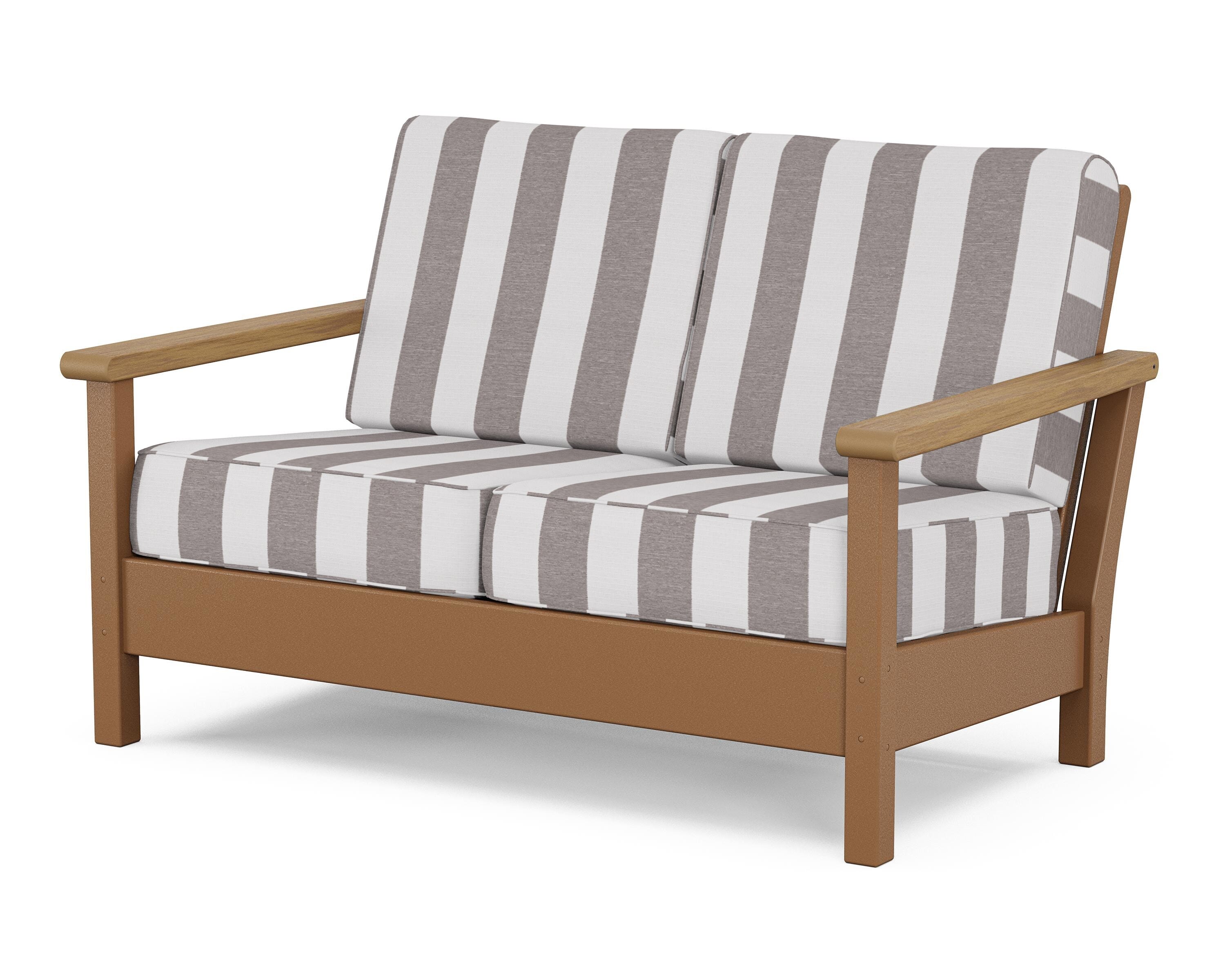 POLYWOOD® Harbour Deep Seating Loveseat in Teak / Natural / Cabana Stripe Grey Mist