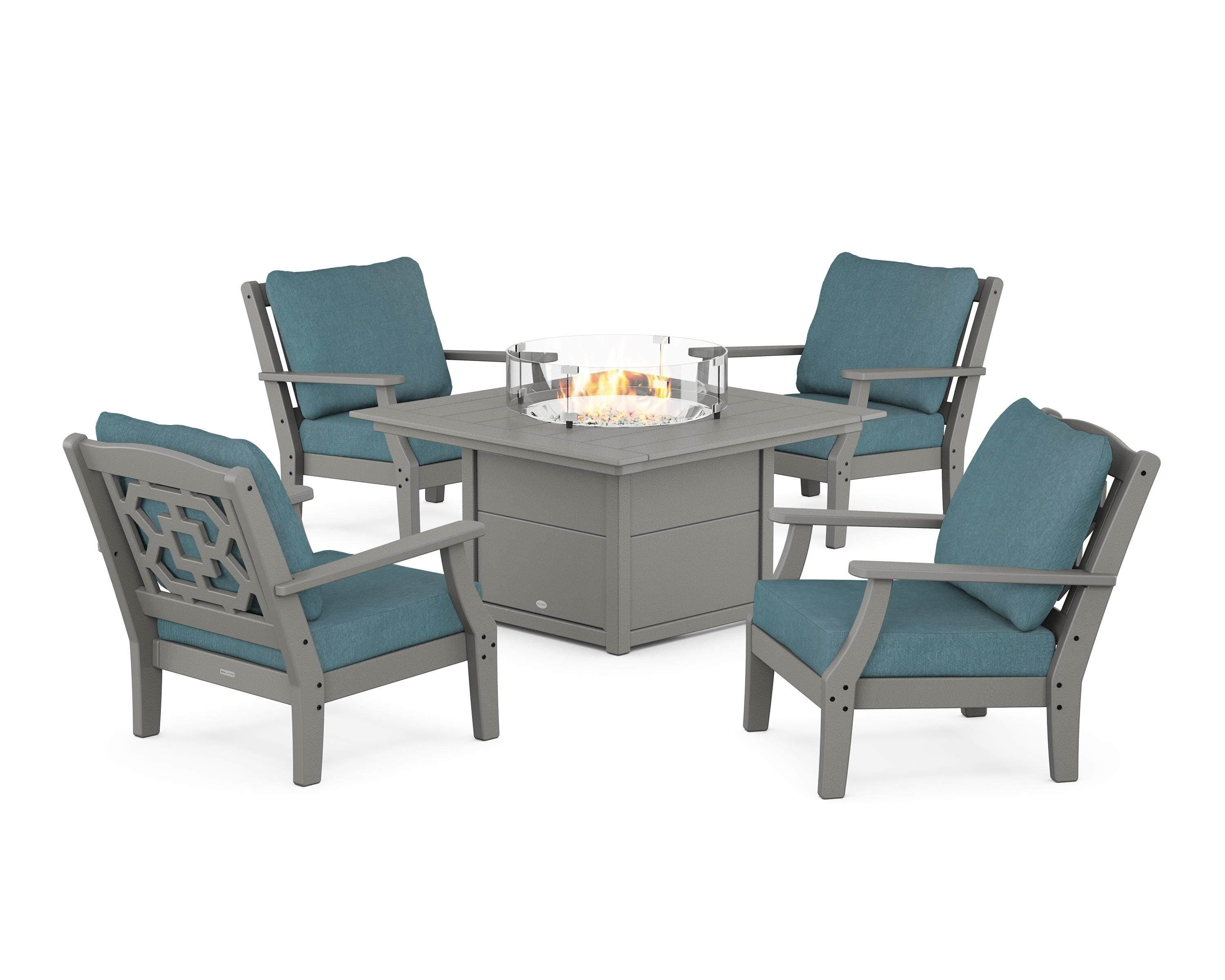 Martha Stewart by POLYWOOD® Chinoiserie 5-Piece Deep Seating Set with Fire Pit Table in Slate Grey / Ocean Teal