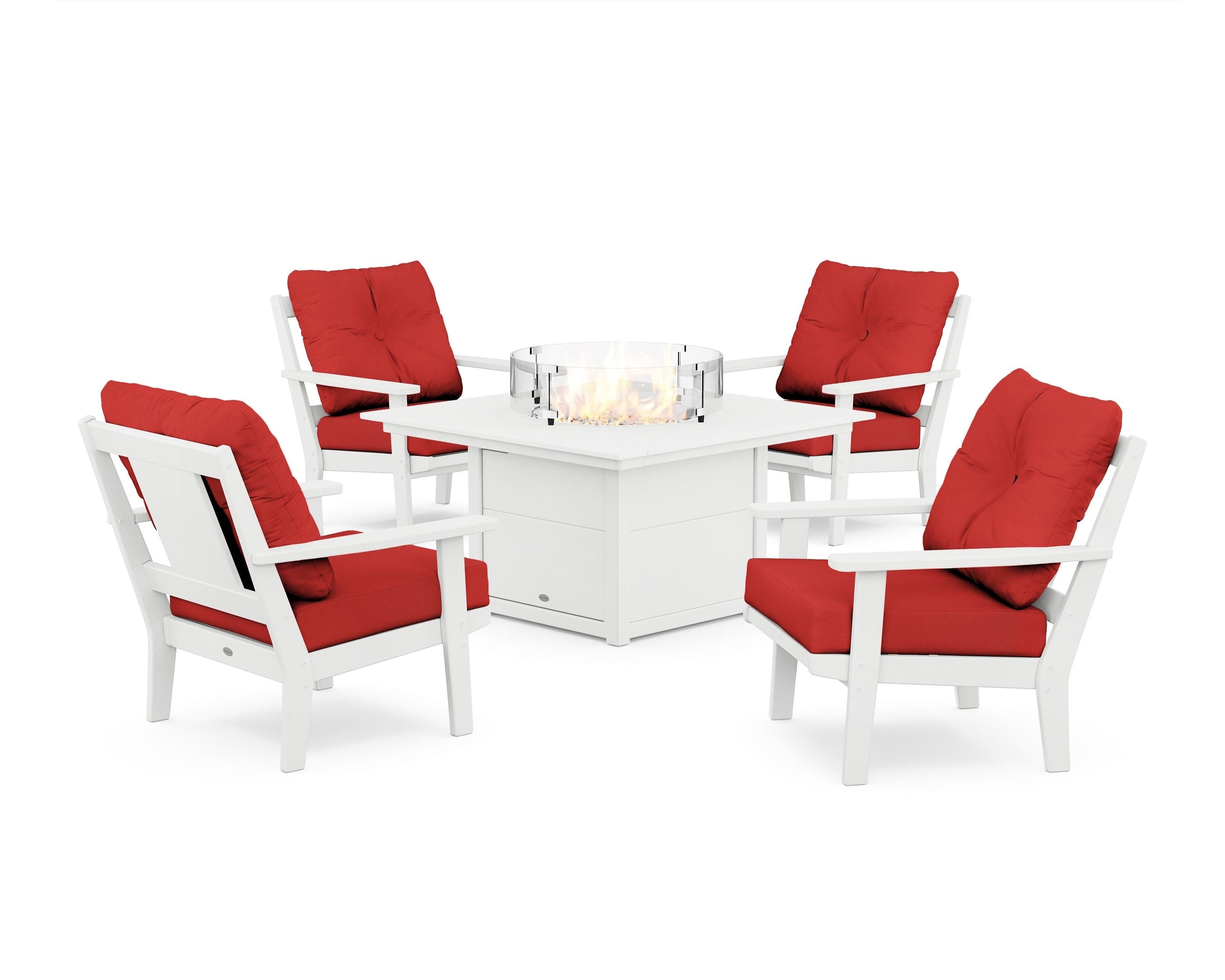 POLYWOOD® Prairie 5-Piece Deep Seating Set with Fire Pit Table in White / Crimson Linen