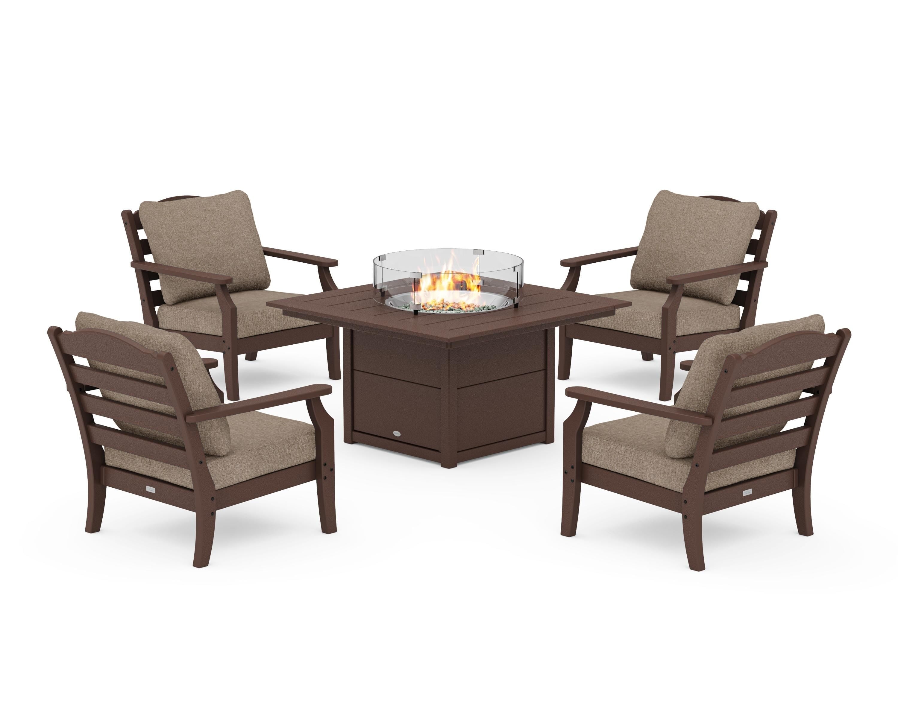 Draper James™ by POLYWOOD® Savannah 5-Piece Deep Seating Set with Fire Pit Table in Mahogany / Spiced Burlap