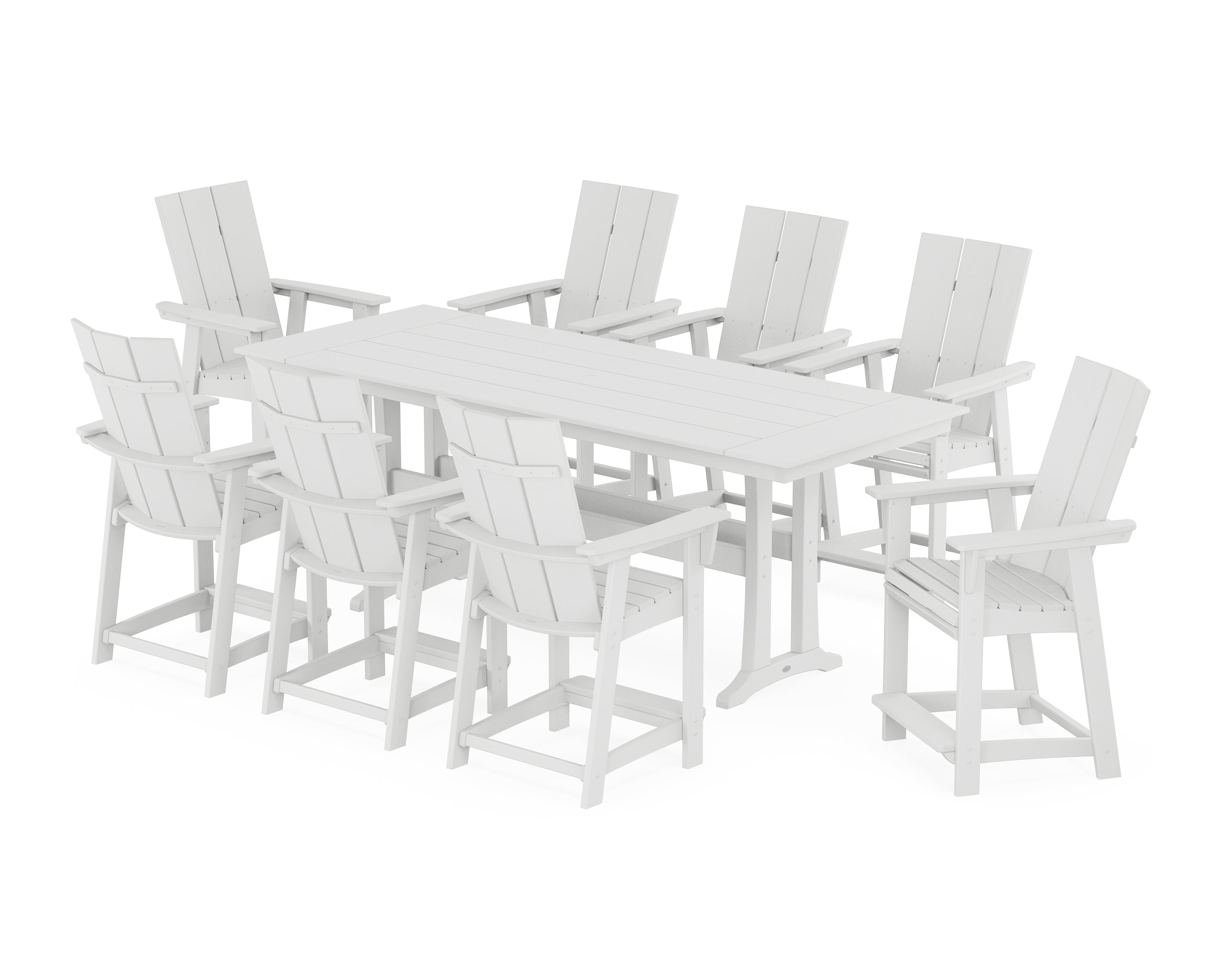 POLYWOOD® Modern Curveback Adirondack 9-Piece Farmhouse Counter Set with Trestle Legs in White