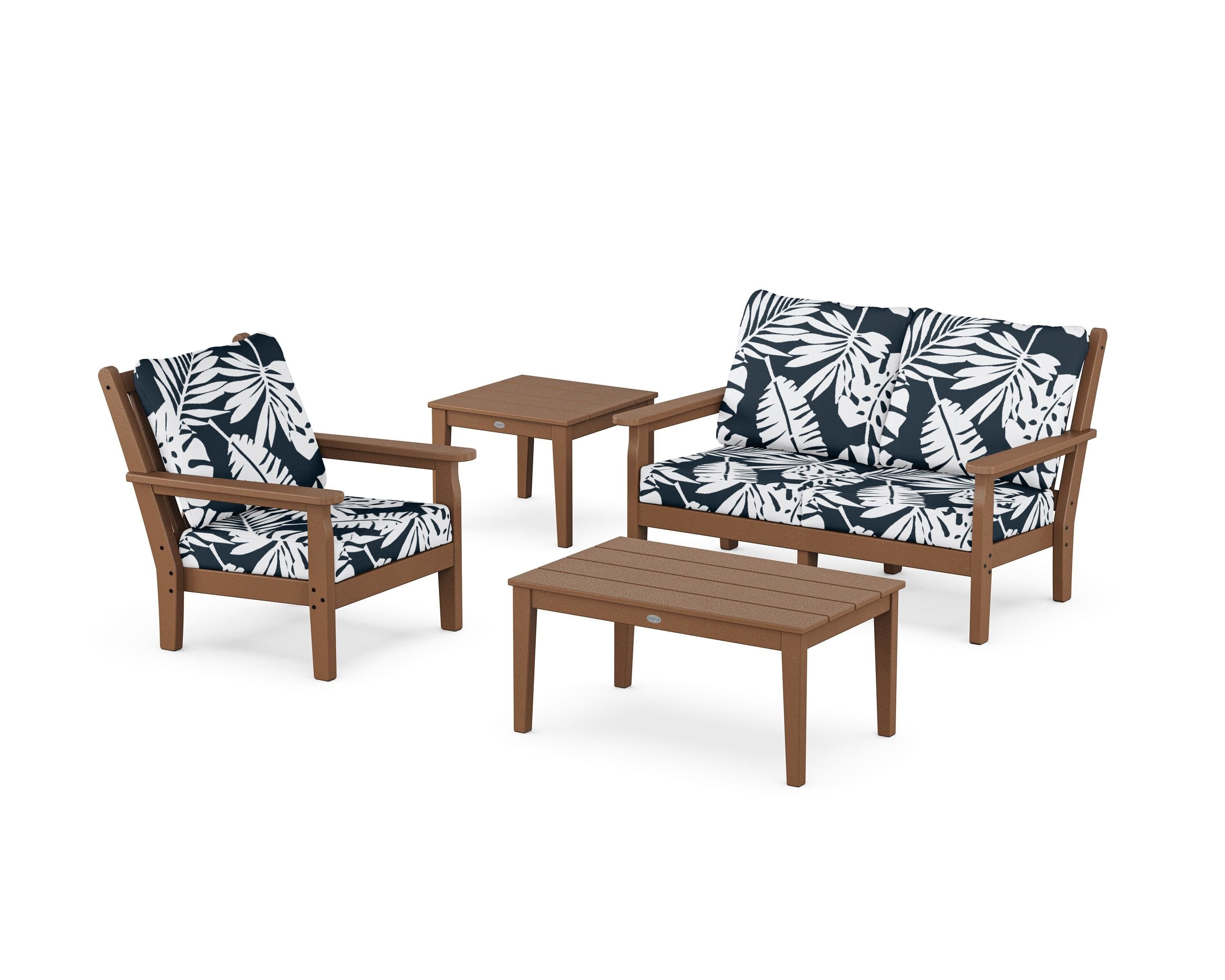 POLYWOOD® Chippendale 4-Piece Deep Seating Set in Teak / Leaf Marine Indigo