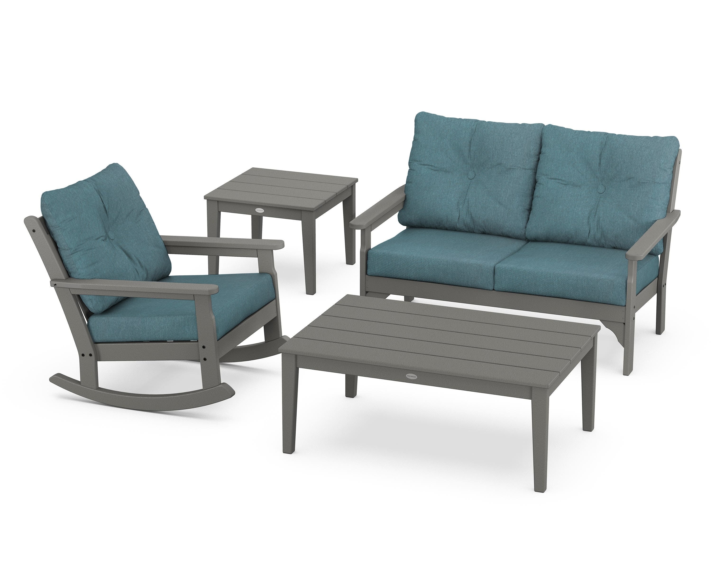POLYWOOD® Vineyard 4-Piece Deep Seating Rocker Set in Slate Grey / Ocean Teal
