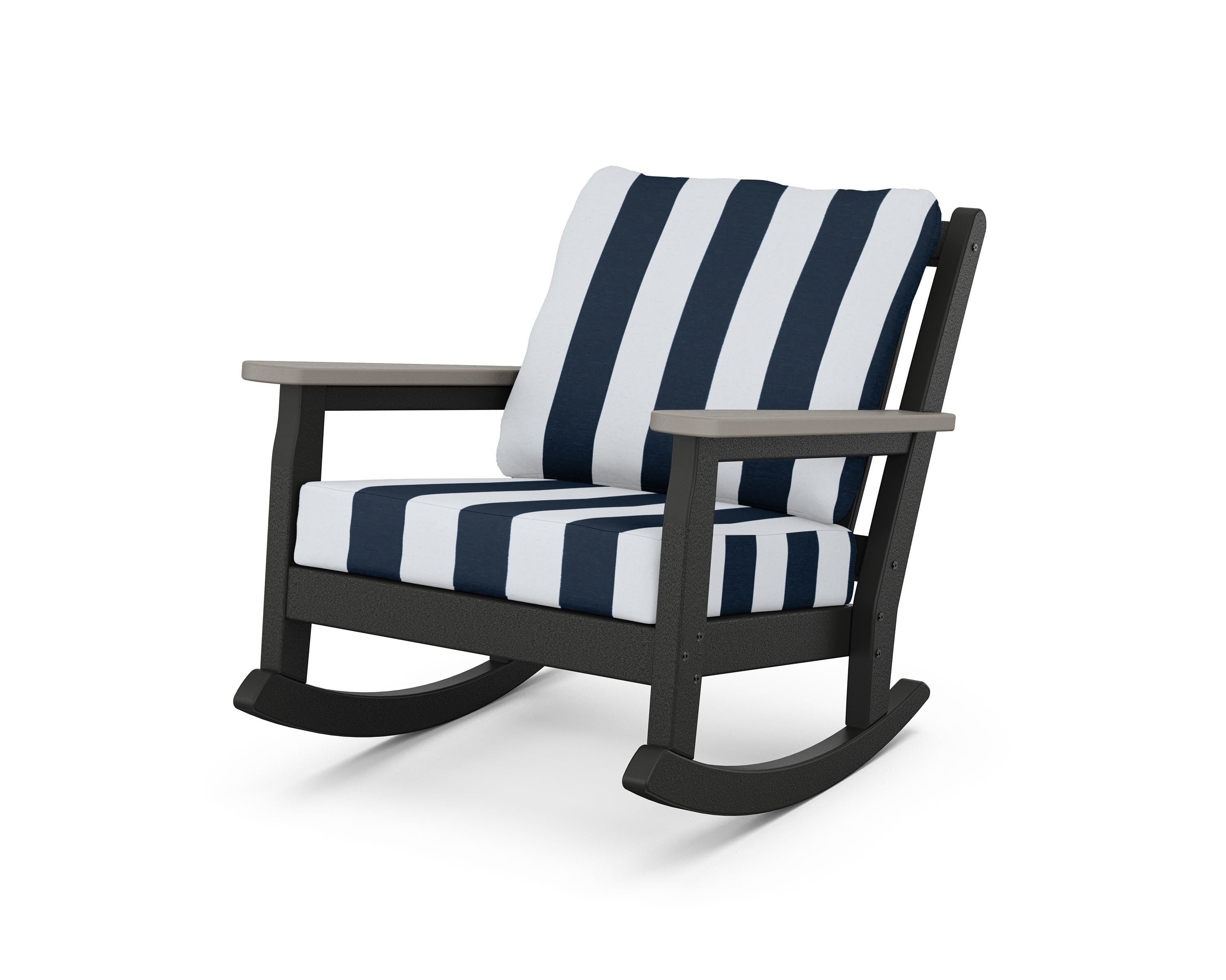 POLYWOOD® Chippendale Deep Seating Rocking Chair in Black / Driftwood / Cabana Stripe Marine Indigo