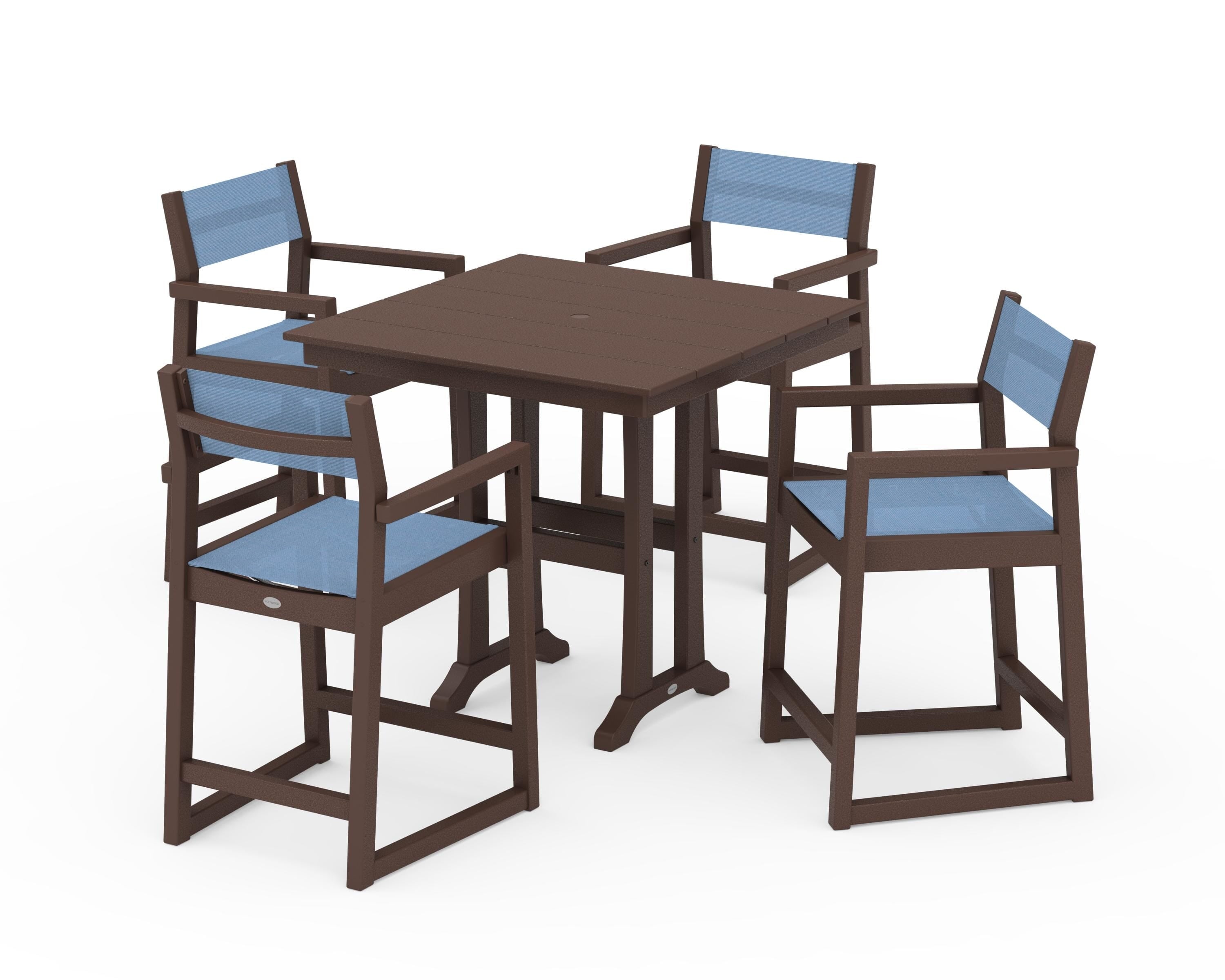 POLYWOOD® EDGE Sling Arm Chair 5-Piece Farmhouse Counter Set with Trestle Legs in Mahogany / Poolside Sling