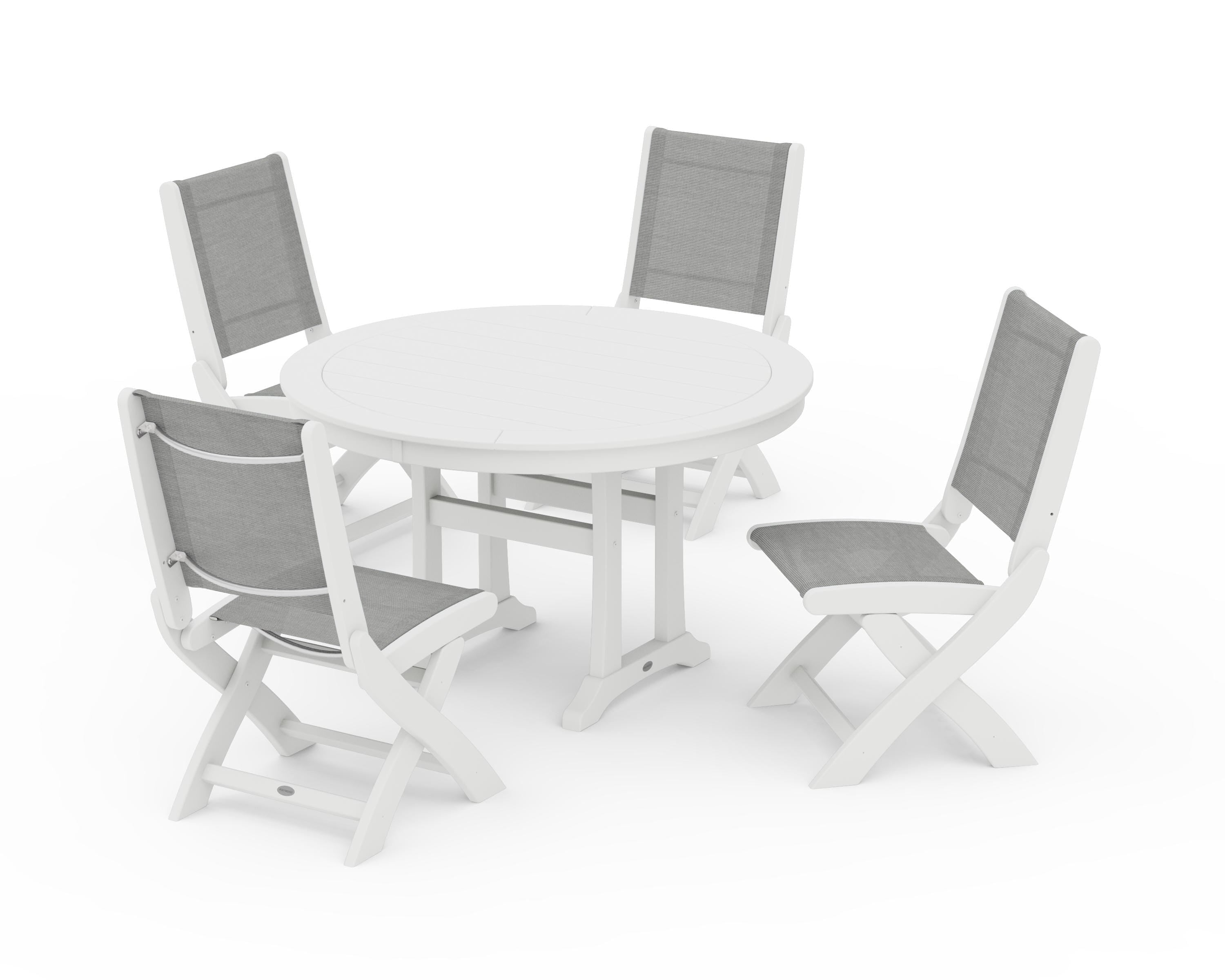 POLYWOOD® Coastal Folding Side Chair 5-Piece Round Dining Set With Trestle Legs in White / Metallic Sling