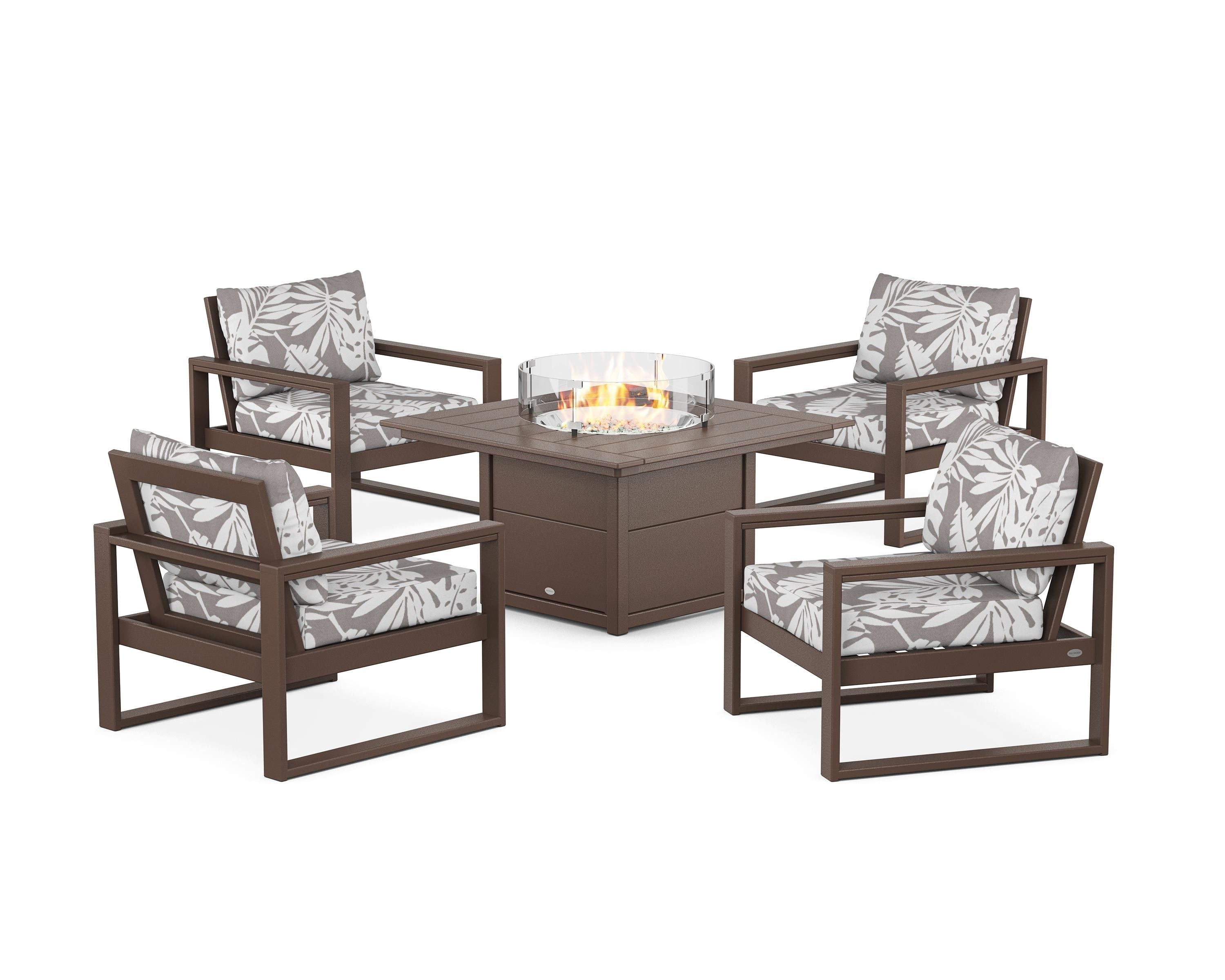 POLYWOOD® EDGE Sectional 5-Piece Deep Seating Set with Fire Pit Table in Mahogany / Leaf Grey Mist