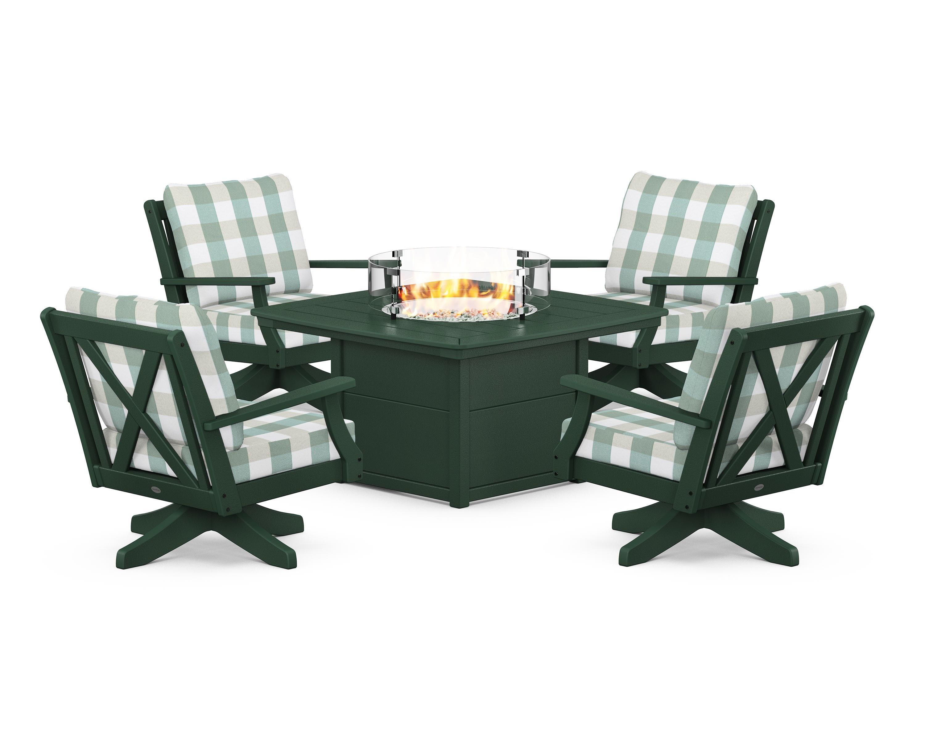 POLYWOOD® Braxton 5-Piece Deep Seating Swivel Conversation Set with Fire Pit Table in Green / Buffalo Plaid Glacier Spa