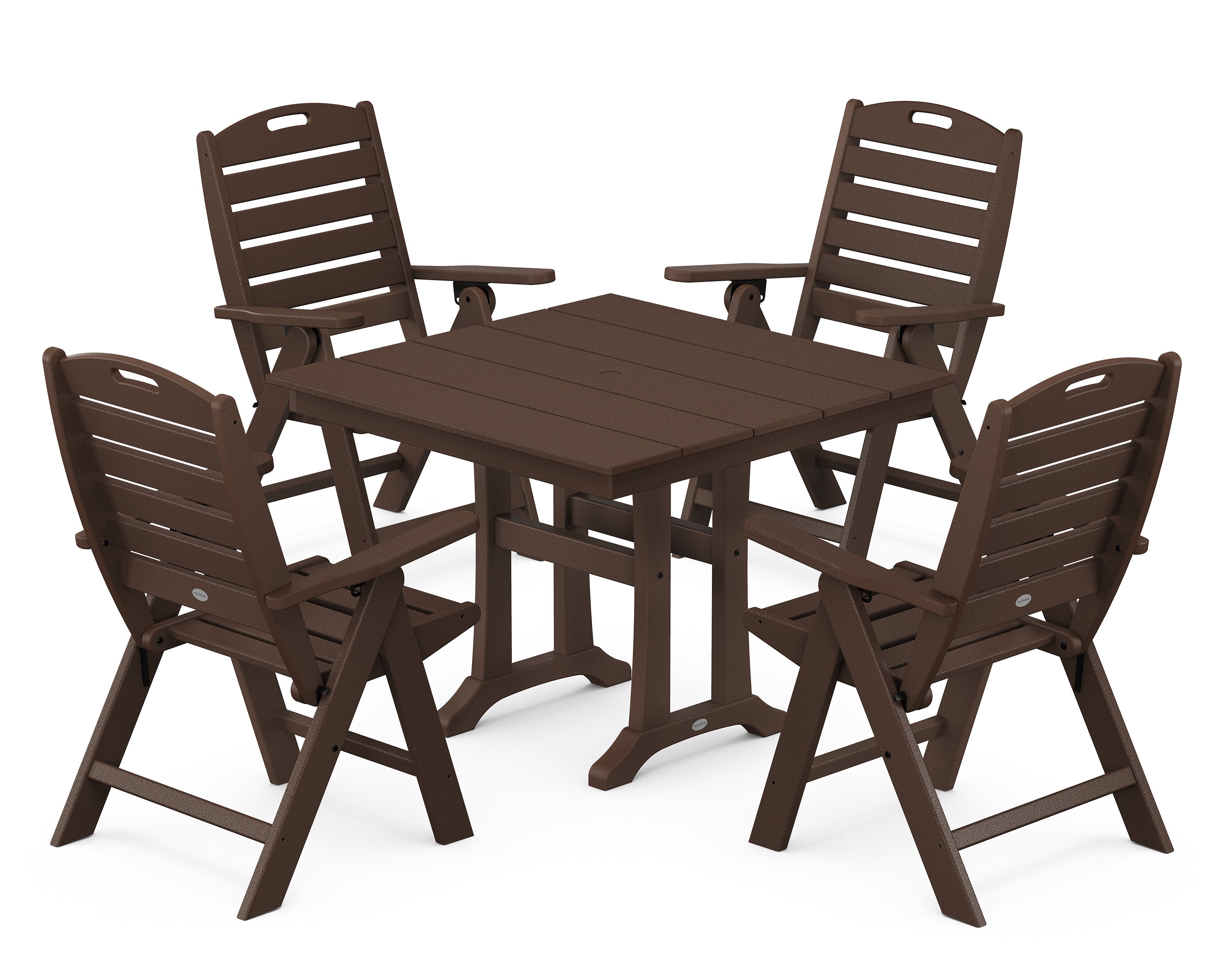 POLYWOOD® Nautical Folding Highback Chair 5-Piece Farmhouse Trestle Dining Set in Mahogany