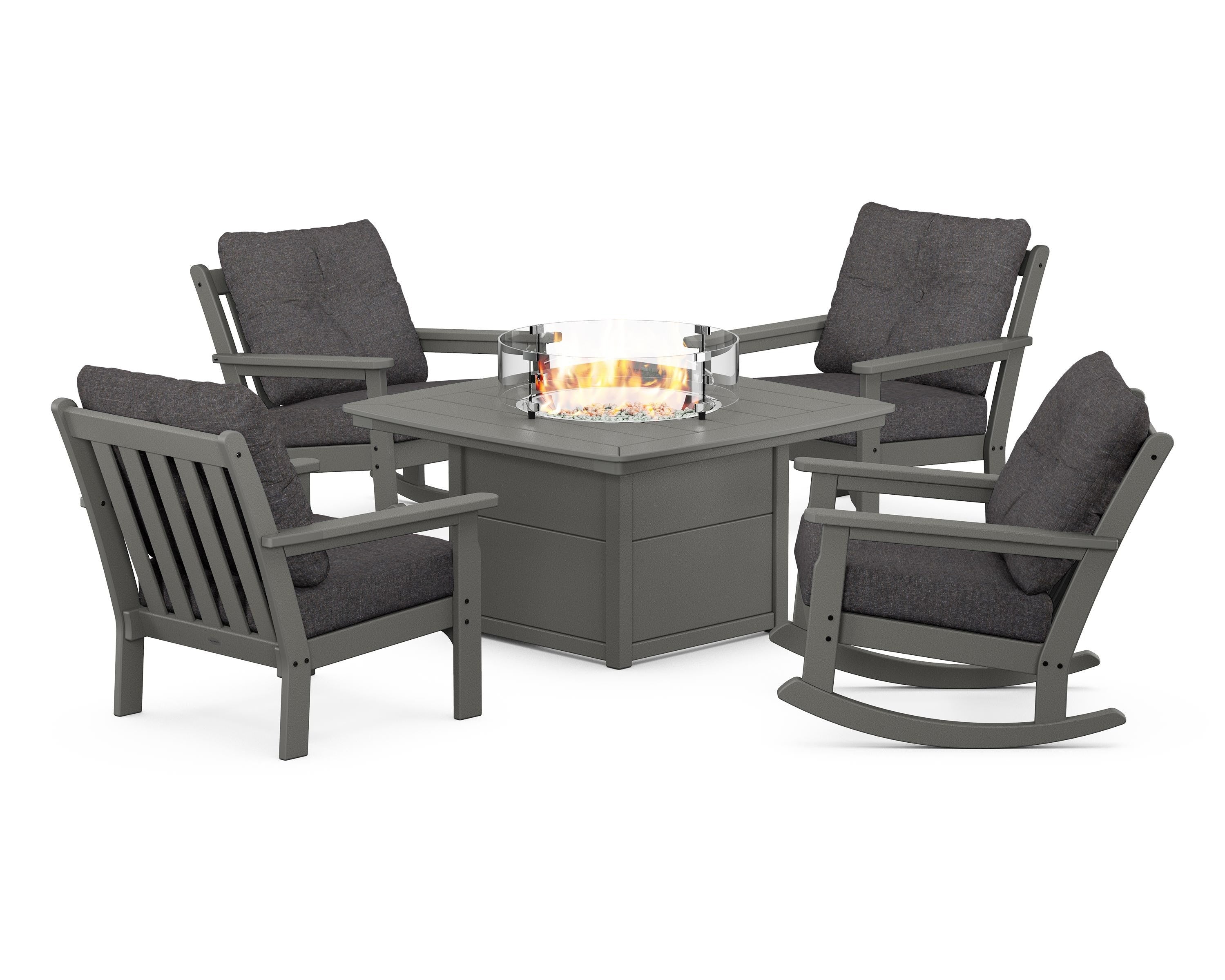 POLYWOOD® Vineyard 5-Piece Deep Seating Rocking Chair Conversation Set with Fire Pit Table in Slate Grey / Ash Charcoal