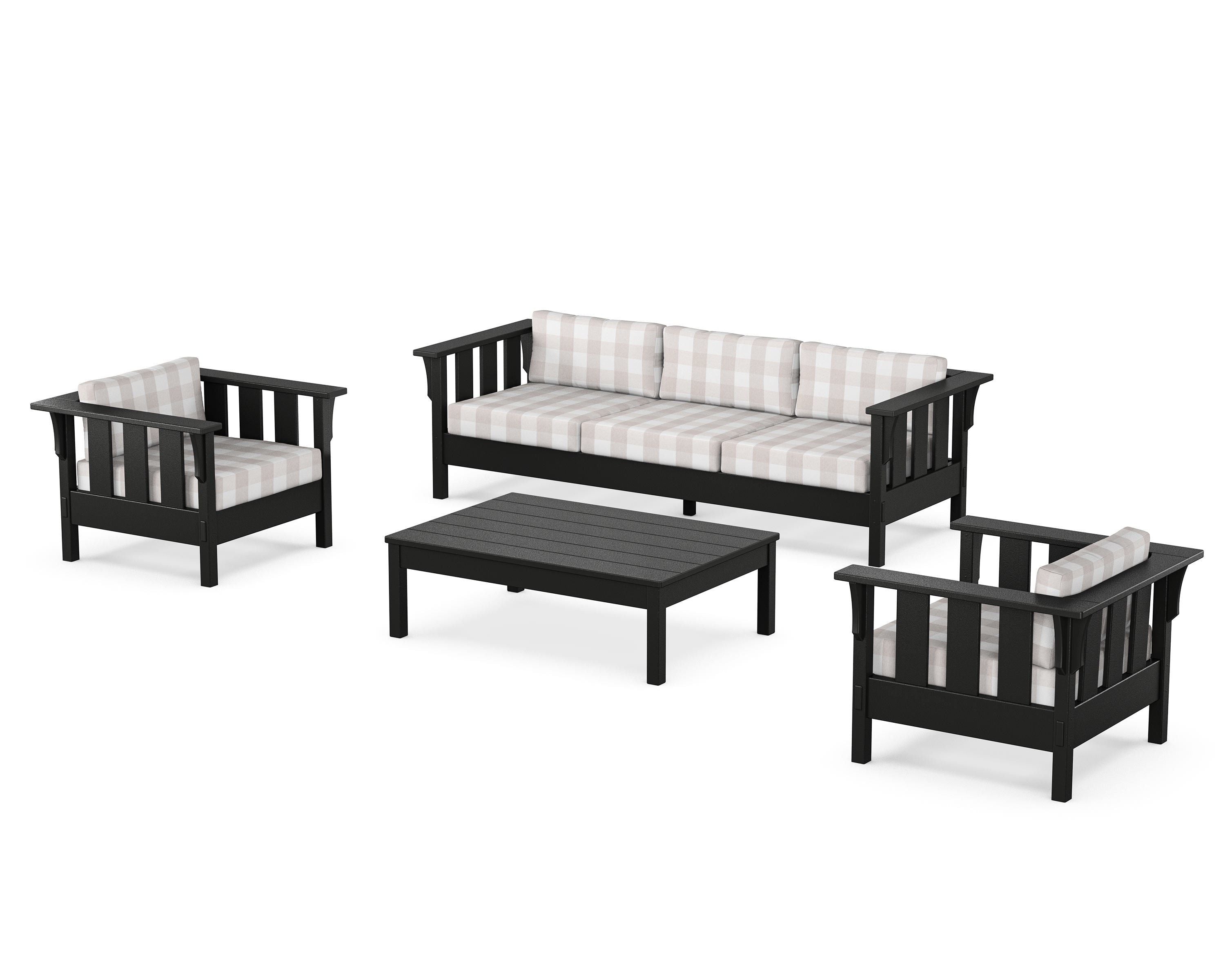 Martha Stewart by POLYWOOD® Acadia 4-Piece Deep Seating Set with Sofa in Black / Buffalo Plaid Dune Burlap