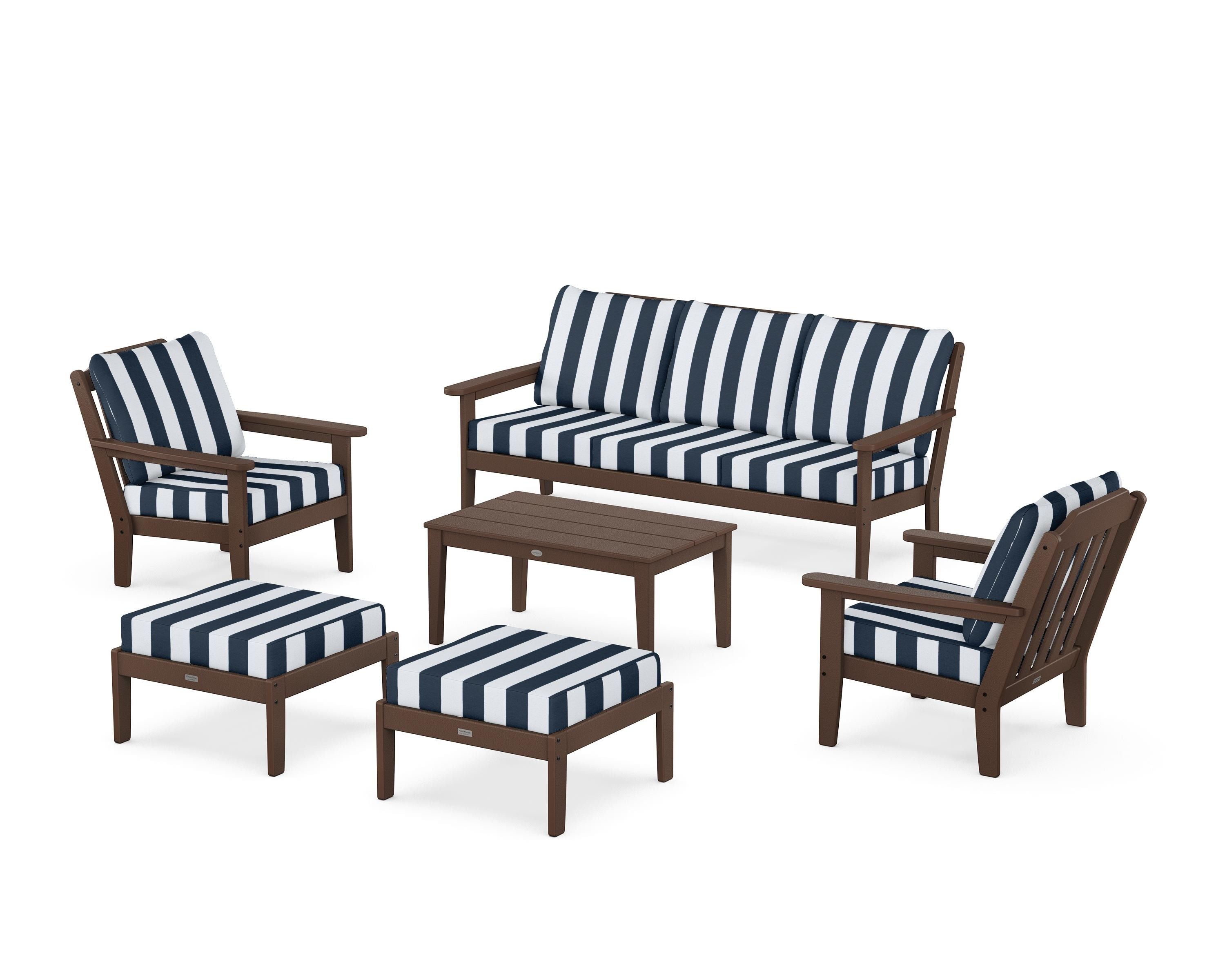 Country Living Cottage 6-Piece Lounge Sofa Set in Mahogany / Cabana Stripe Marine Indigo