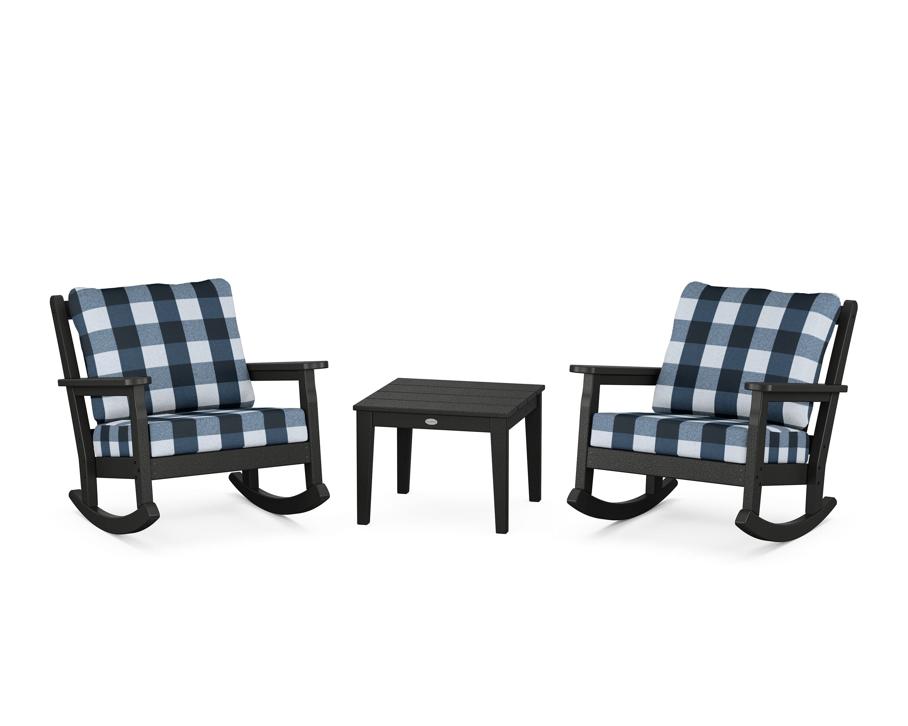POLYWOOD® Chippendale 3-Piece Deep Seating Rocker Set in Black / Buffalo Plaid Marine Indigo