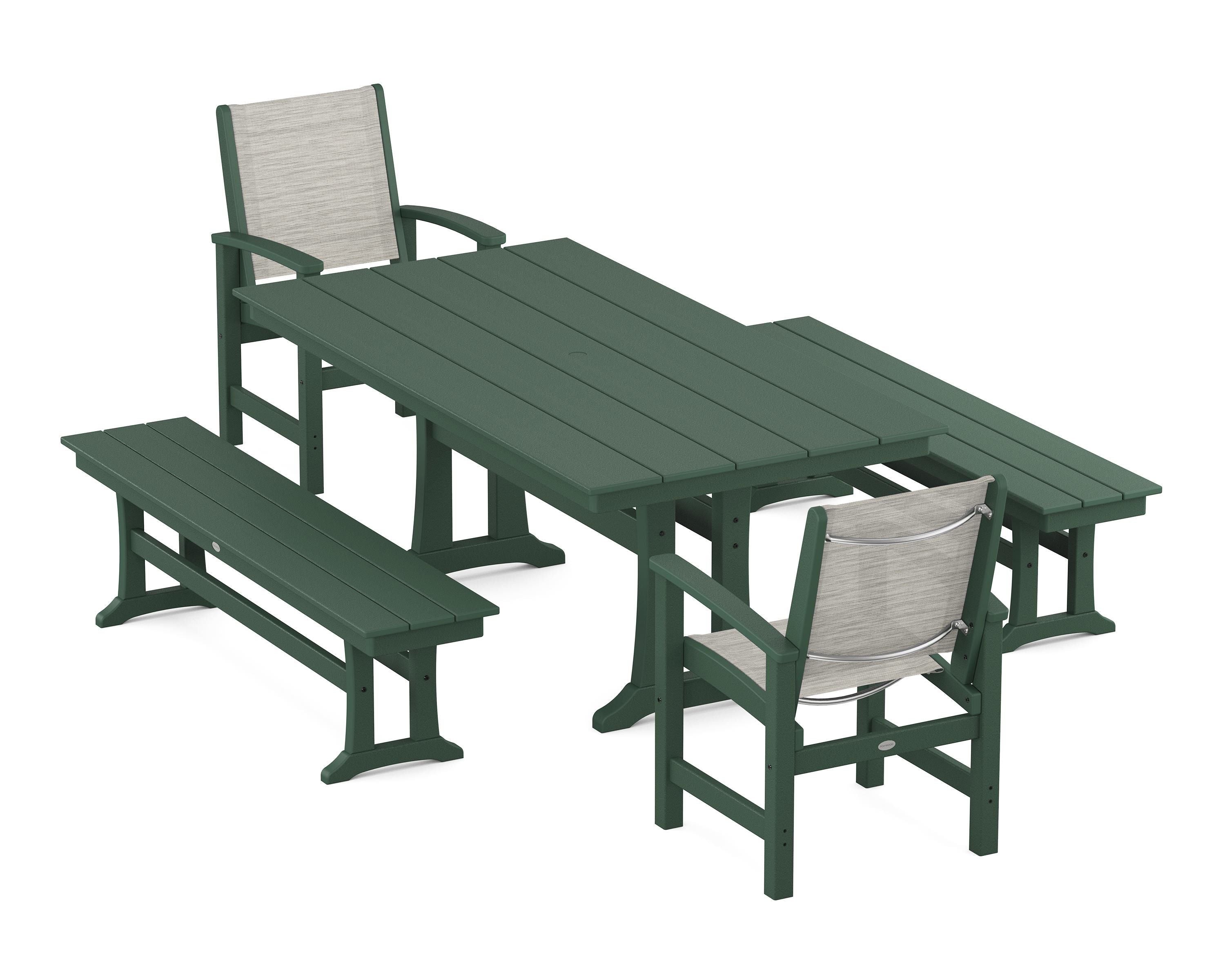 POLYWOOD® Coastal 5-Piece Farmhouse Dining Set with Trestle Legs and Benches in Green / Birch Sling