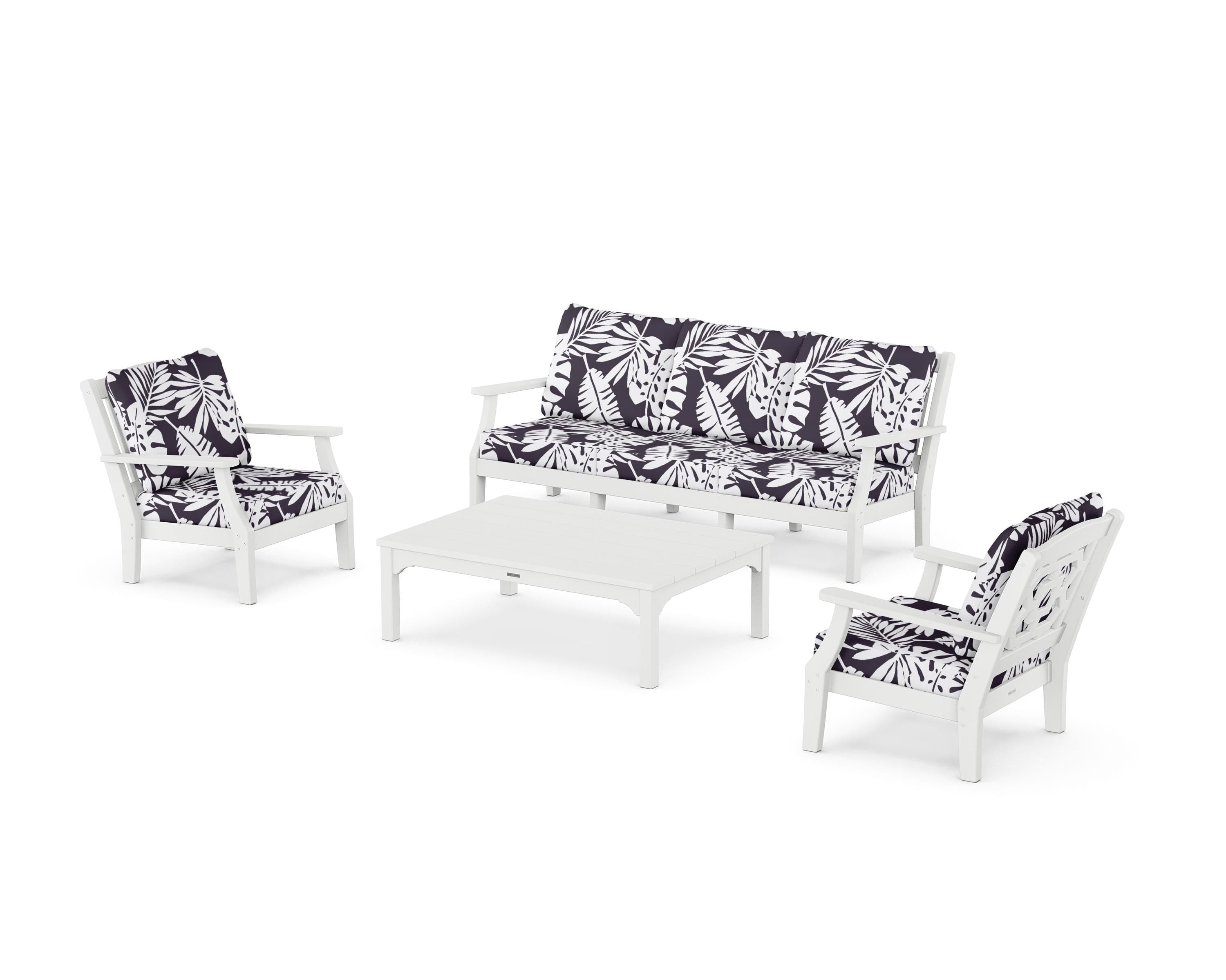 Martha Stewart by POLYWOOD® Chinoiserie 4-Piece Deep Seating Set with Sofa in White / Leaf Navy