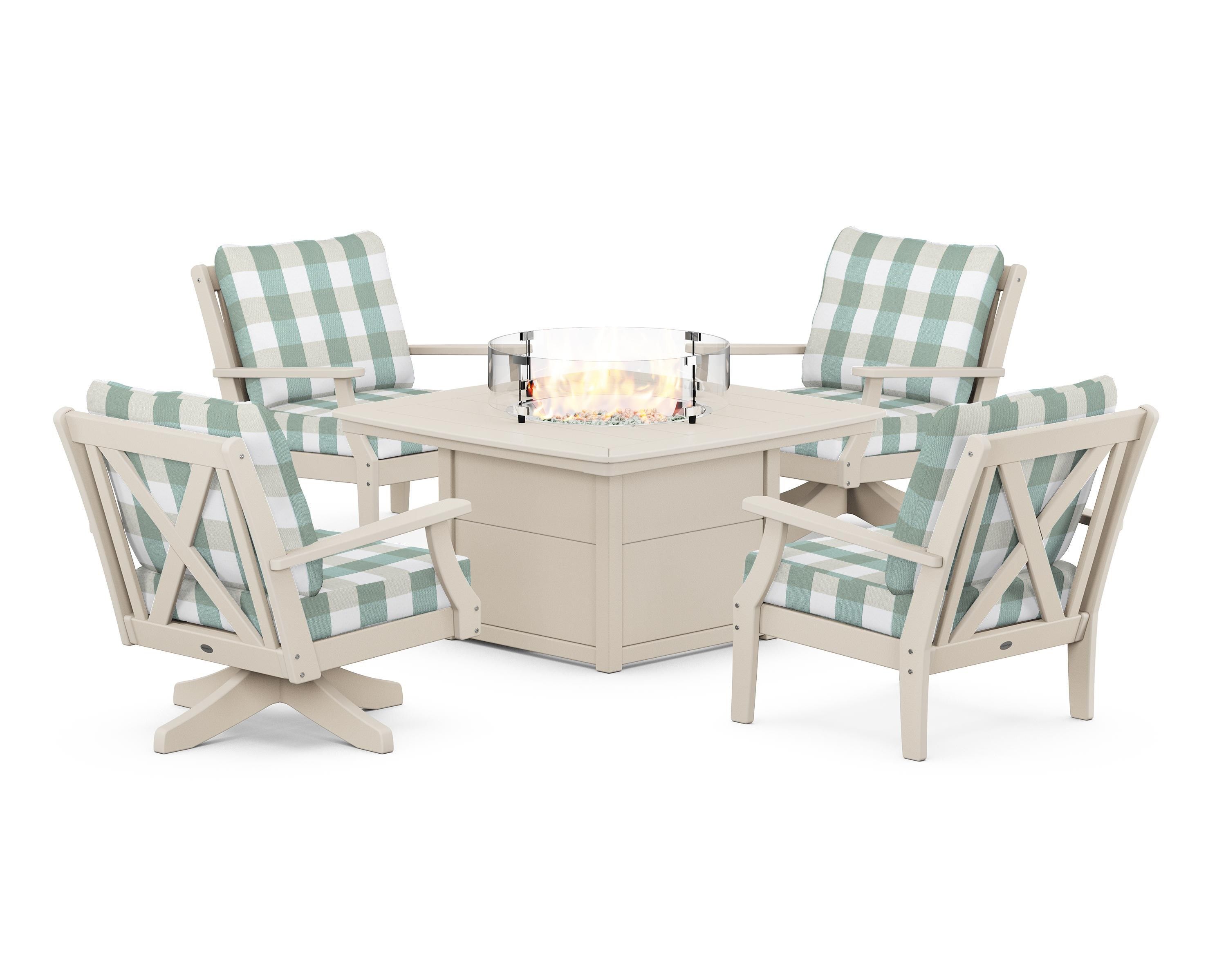 POLYWOOD® Braxton 5-Piece Deep Seating Set with Fire Table in Sand / Buffalo Plaid Glacier Spa